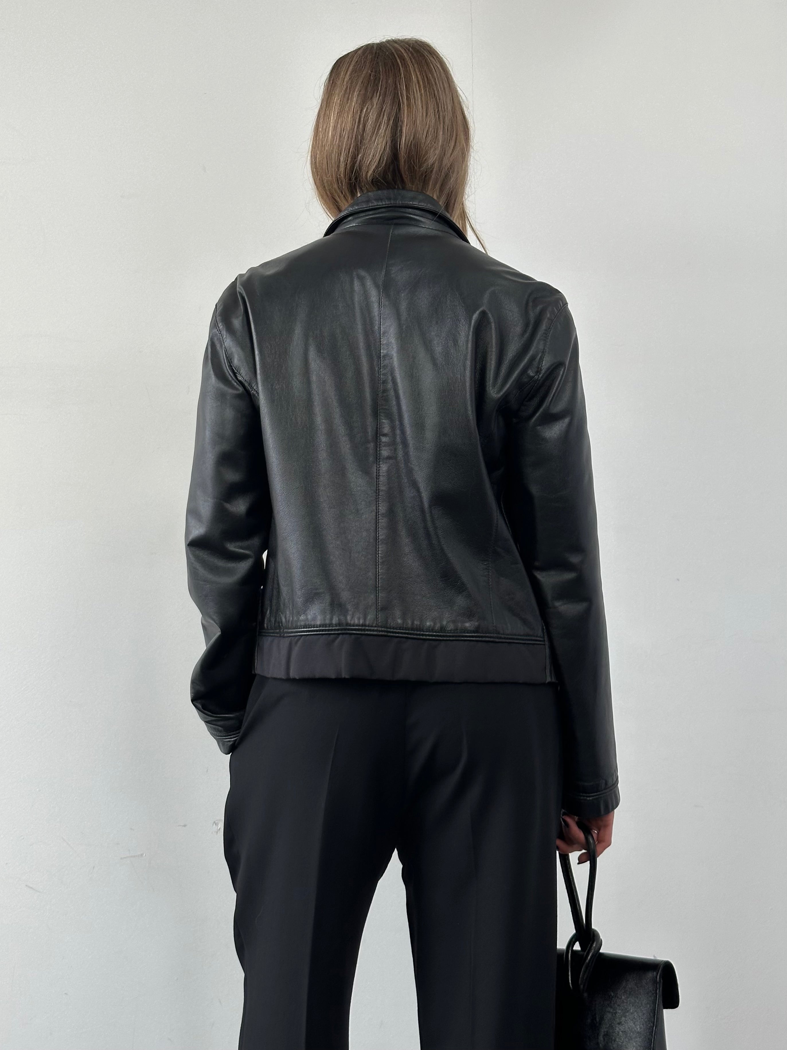 Armani Jeans double zip leather jacket in black, featuring stylish silver zippers and a fitted design, size M.