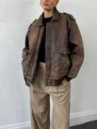 Vintage Distressed Leather Bomber Jacket - XL - SYLK