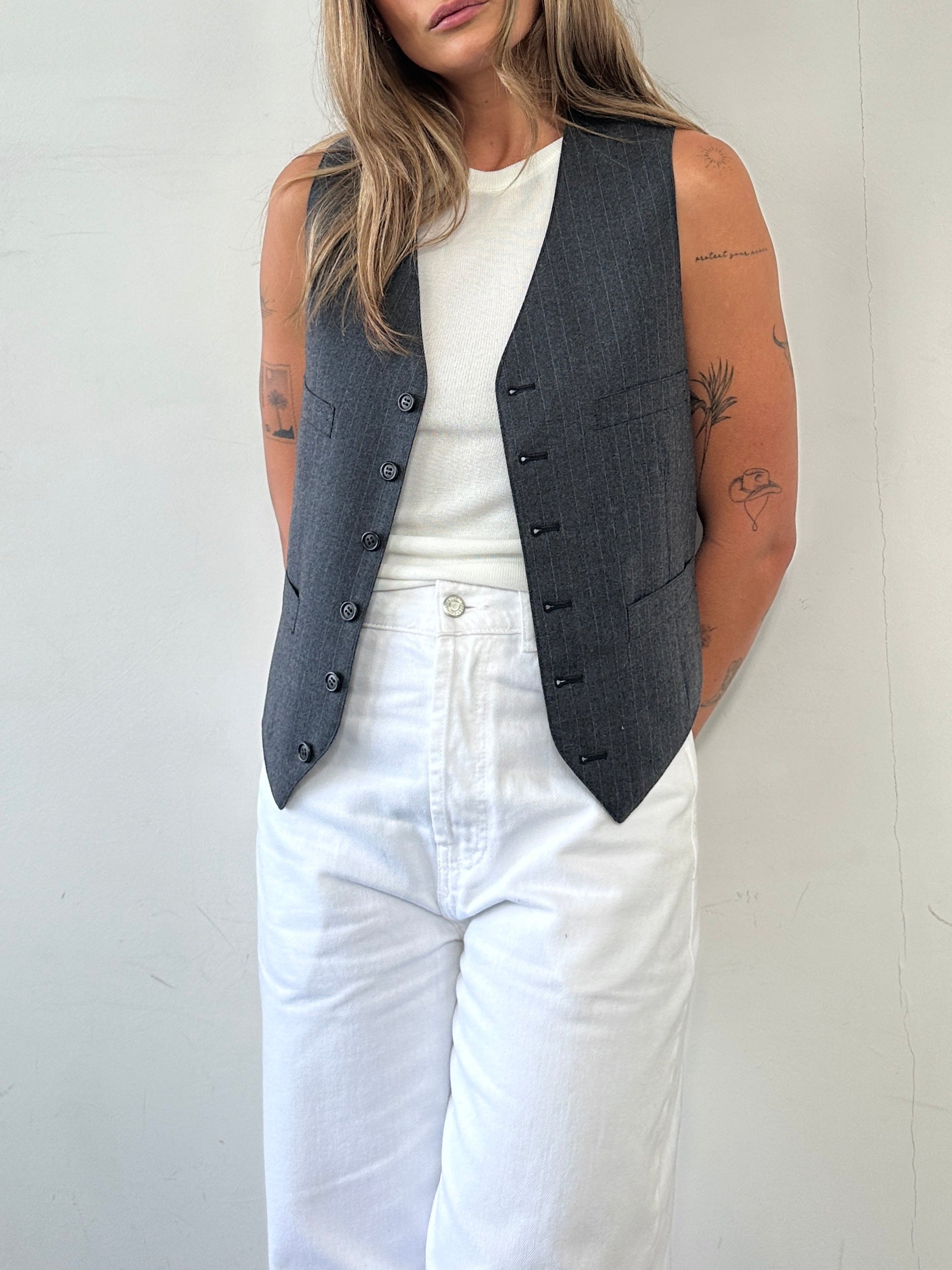 Vintage Pinstripe Pure Wool Tailored Waistcoat - S - SYLK