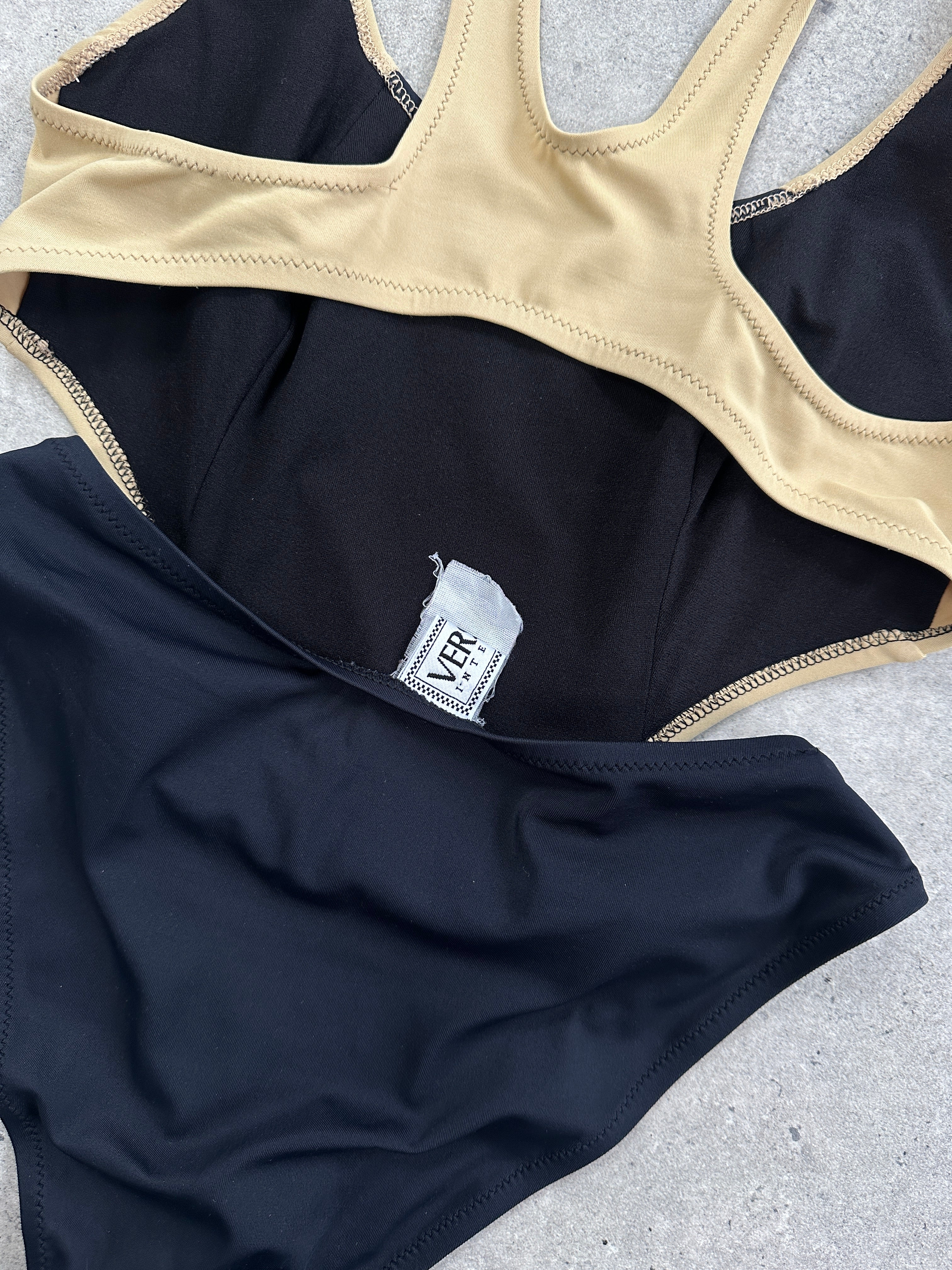 Versace Intensive 1990s high cut logo one-piece swimsuit top in bold print, size small, featuring iconic branding and sleek design.