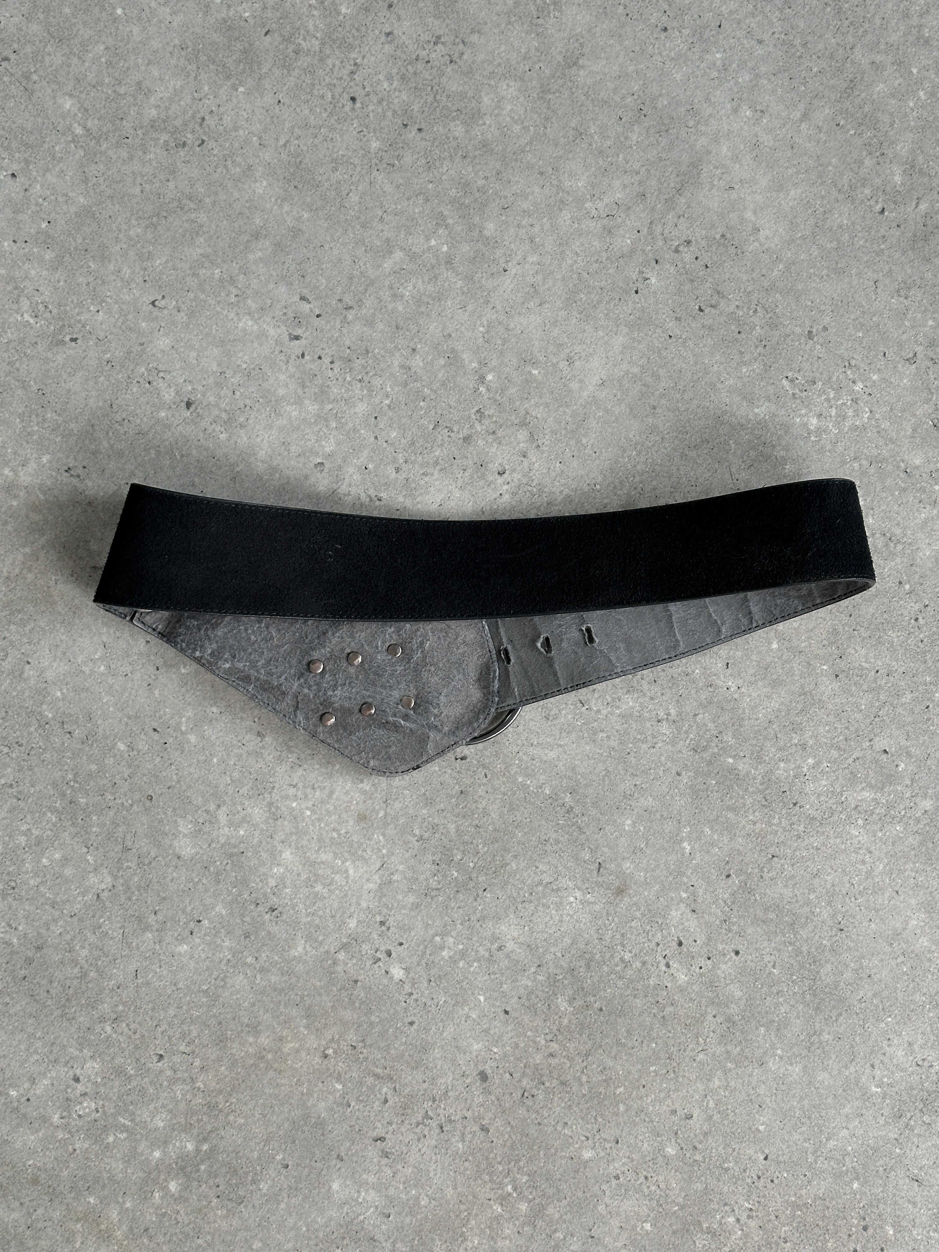 Vintage 1990s suede chunky belt in brown with wide design, vintage brand, and adjustable W33-37 size, displayed flat.