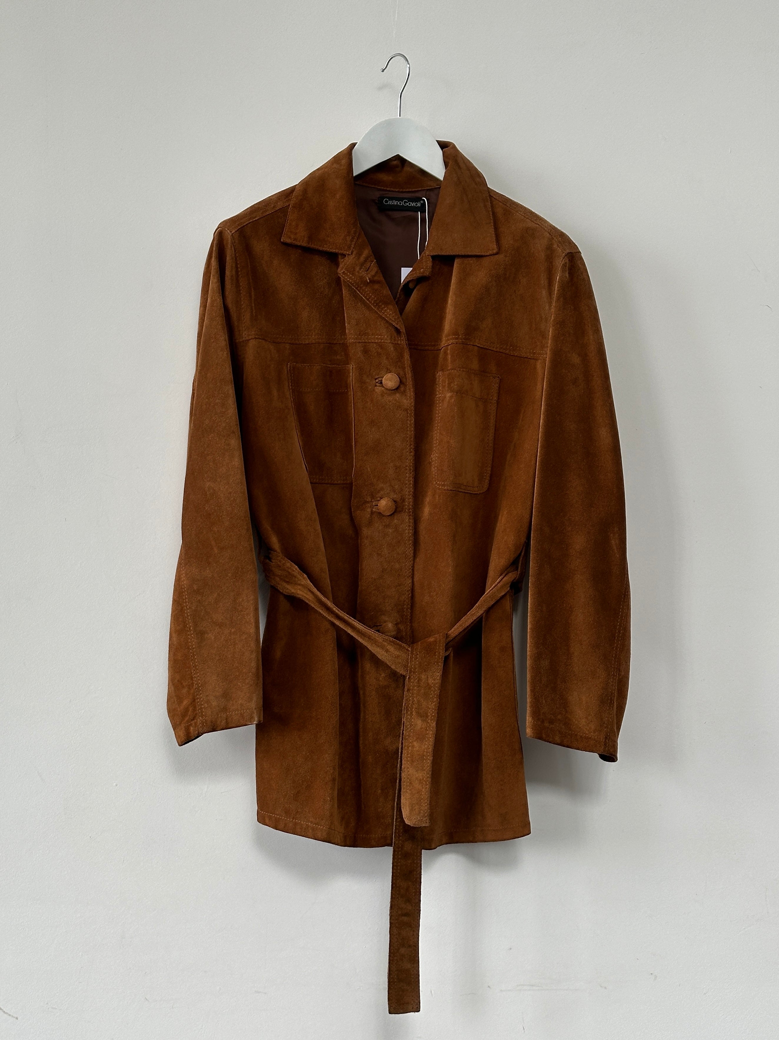 Vintage Italian belted suede jacket in size M/L, featuring classic design and stylish details on soft suede material.