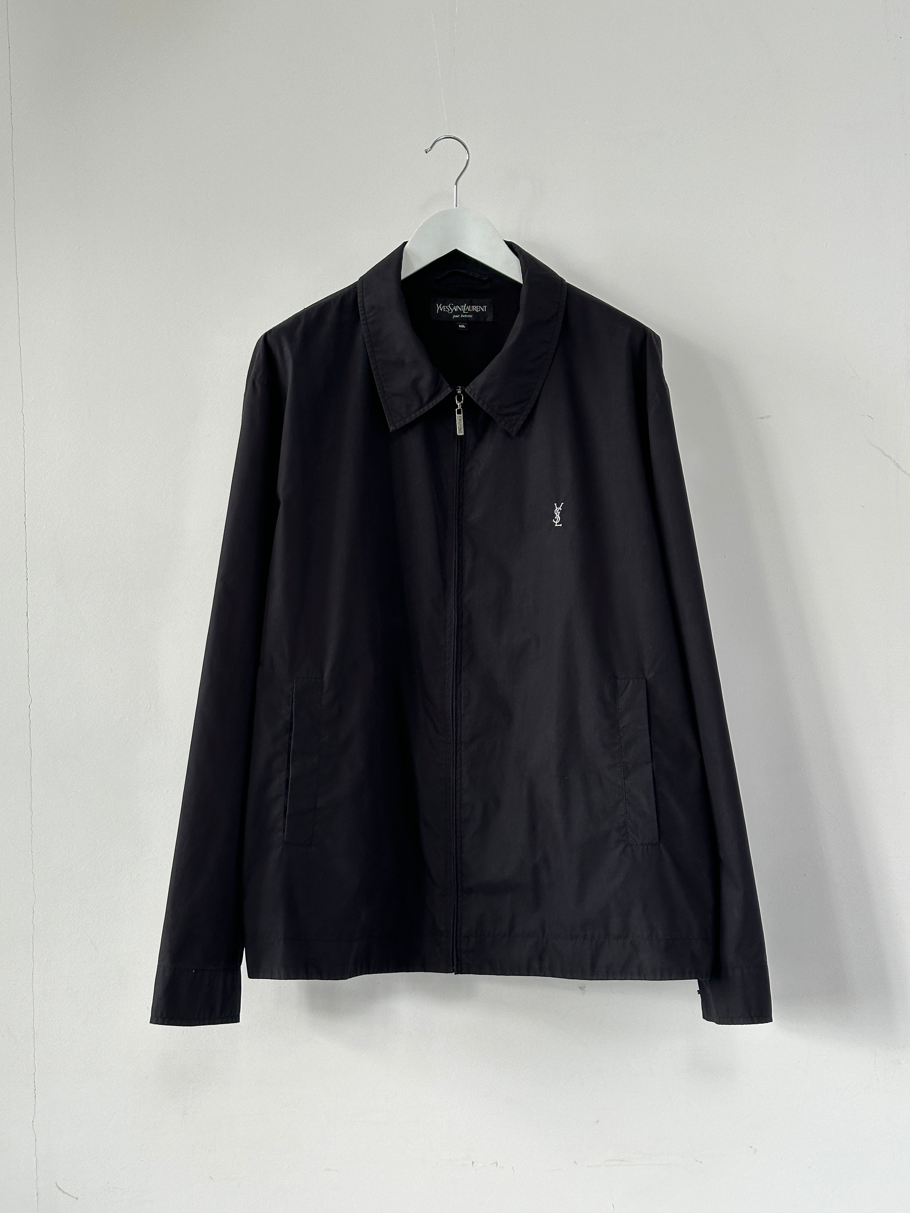 Yves Saint Laurent Pour Homme logo bomber jacket in XXL, stylish black bomber with signature YSL logo on front, casual men's fashion piece.