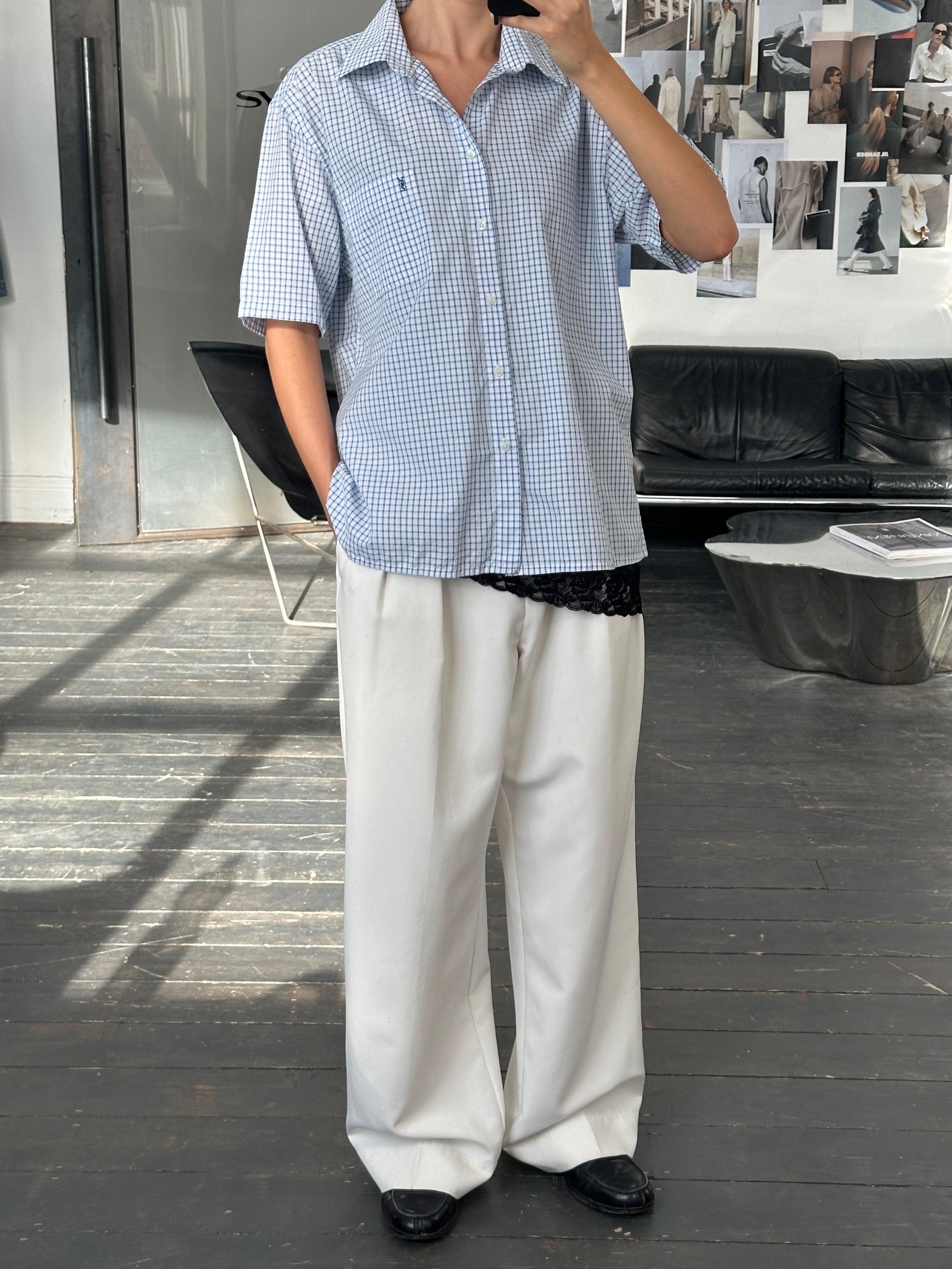 Yves Saint Laurent men's short sleeve logo shirt with cotton check pattern in XL size, featuring classic style and brand logo detail.