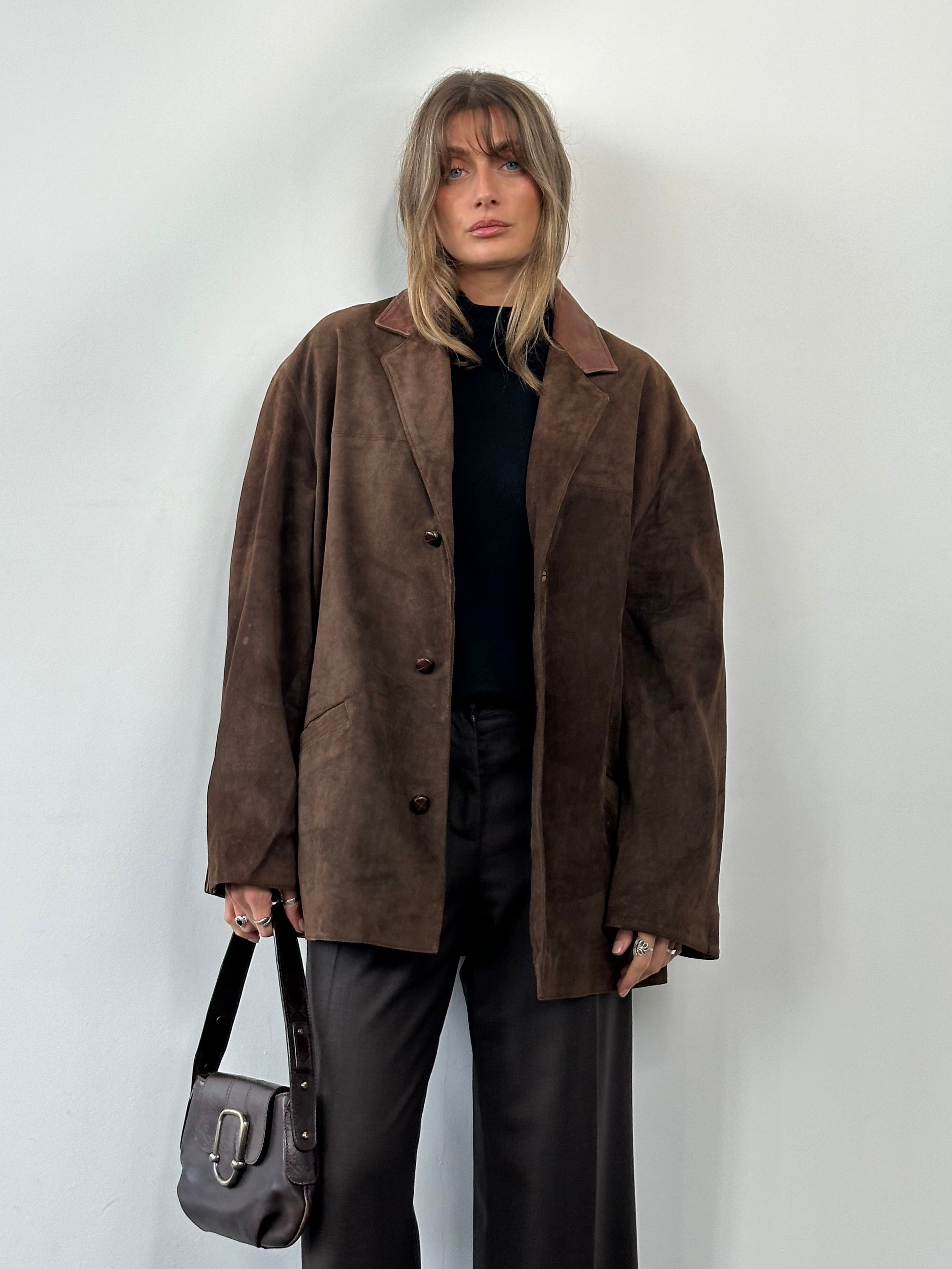 Valentino XL suede blazer jacket with sleek leather design and classic fit, displayed on a neutral background.