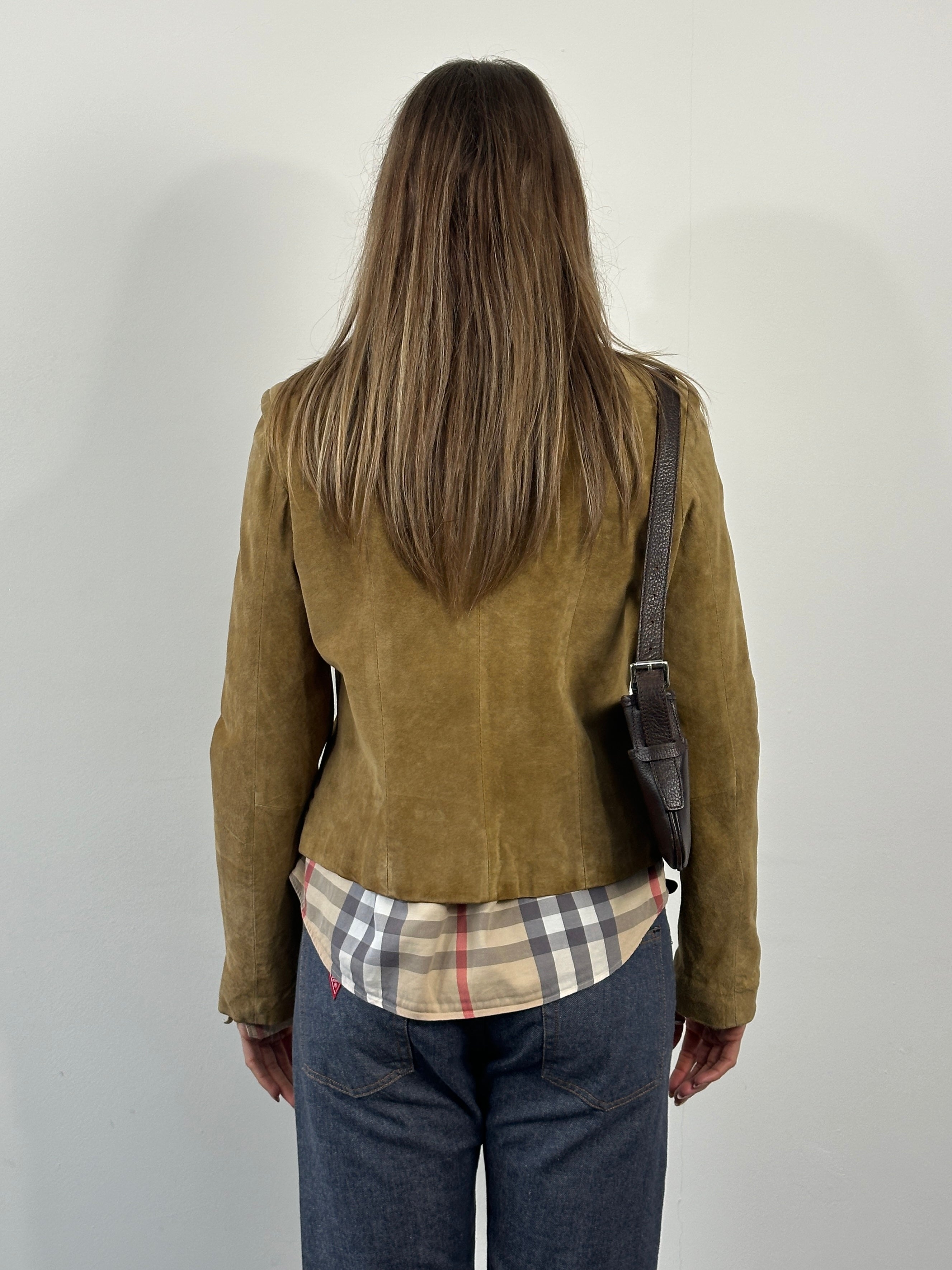 Vintage 1990s suede leather jacket in size S, classic retro style with soft textured suede and tailored fit.