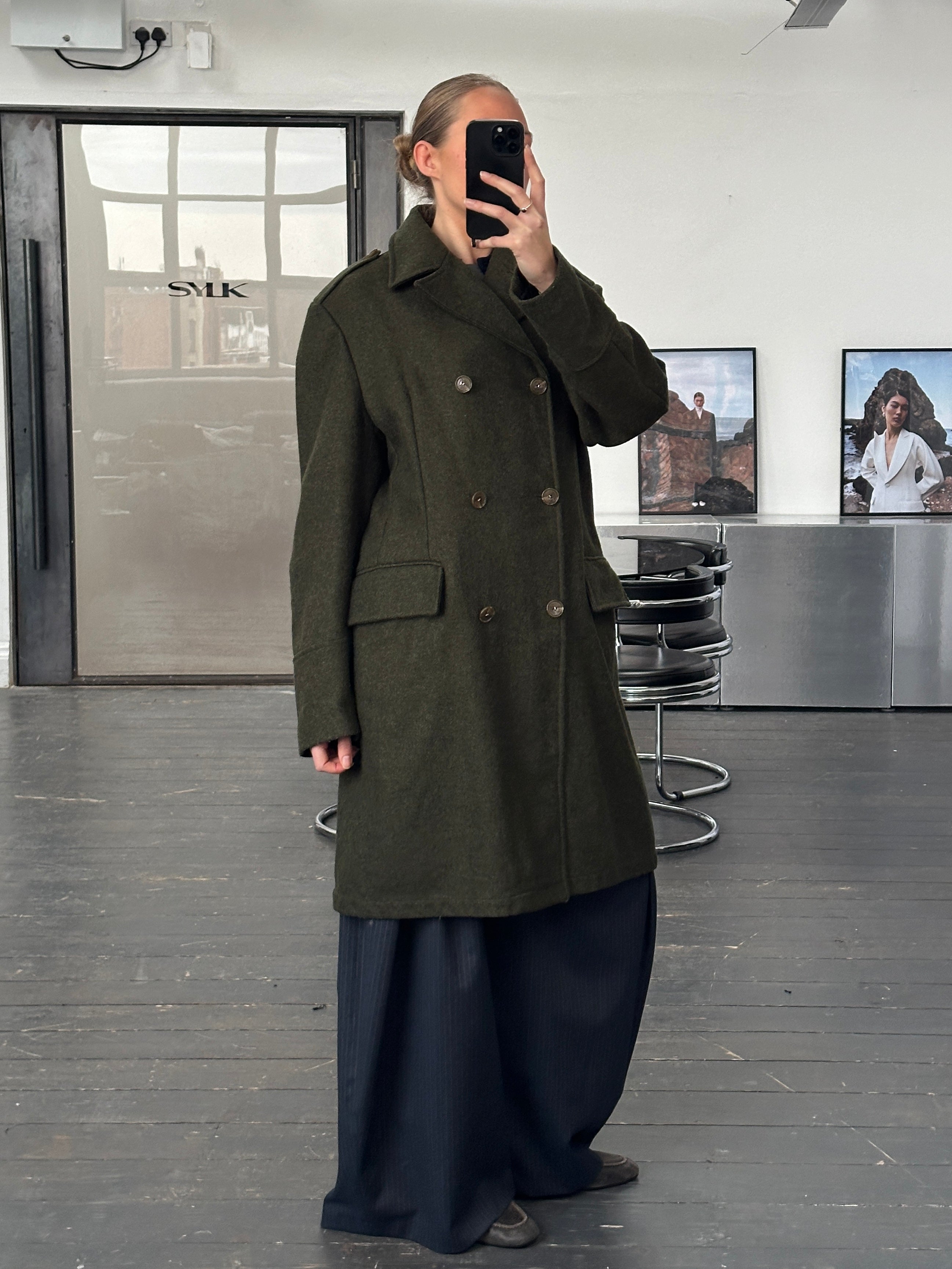 Dolce & Gabbana 1990s wool double-breasted coat in size L/XL, classic design with wide lapels and tailored fit.