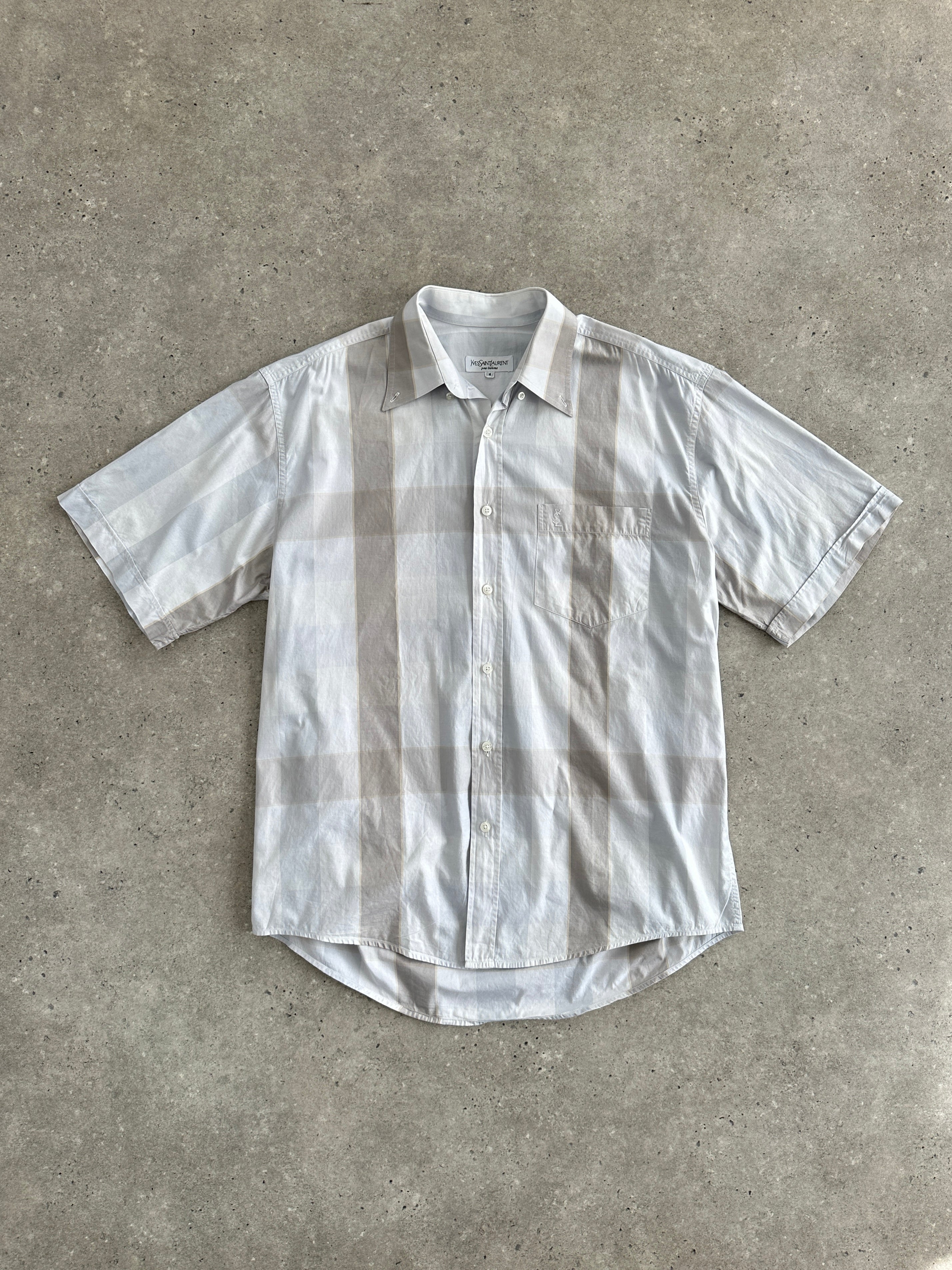 Yves Saint Laurent Pour Homme 1990s cotton check short sleeve logo shirt in size XL, featuring a classic check pattern and logo detail.