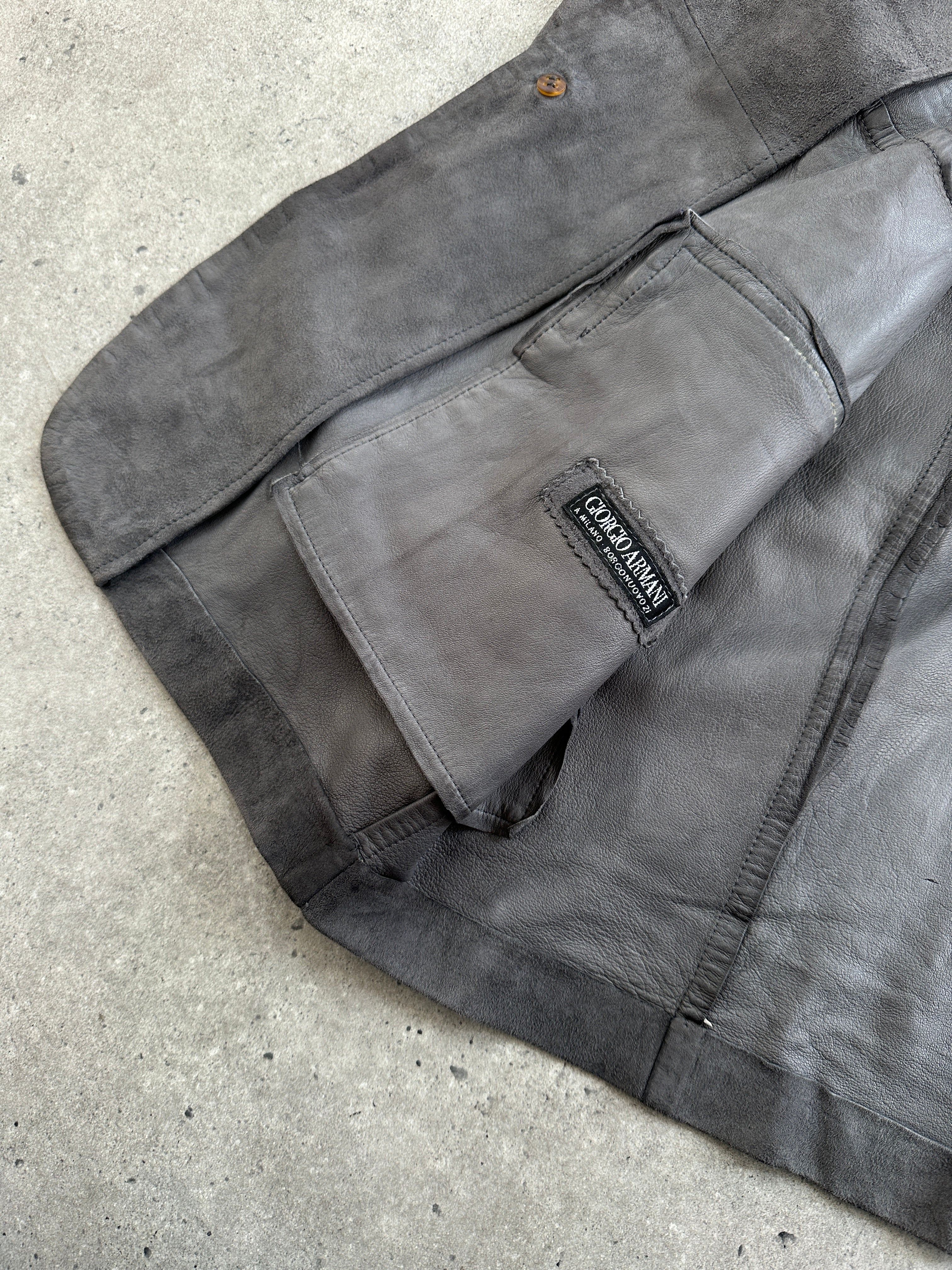 Giorgio Armani Black Label suede blazer jacket in size large, tailored fit with classic lapel and sleek design.