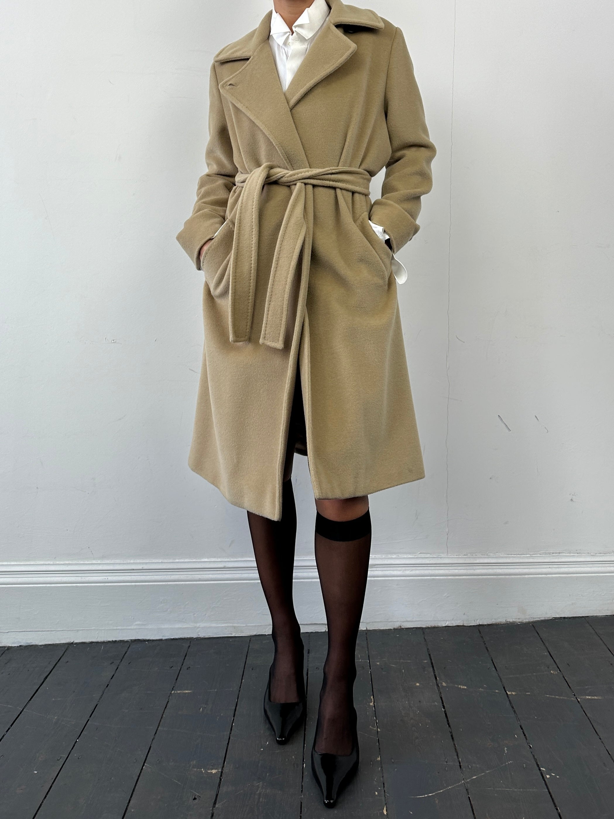 Marella Virgin Wool Cashmere Belted Wrap Coat in neutral color, front view showing collar, belt, and long sleeves.