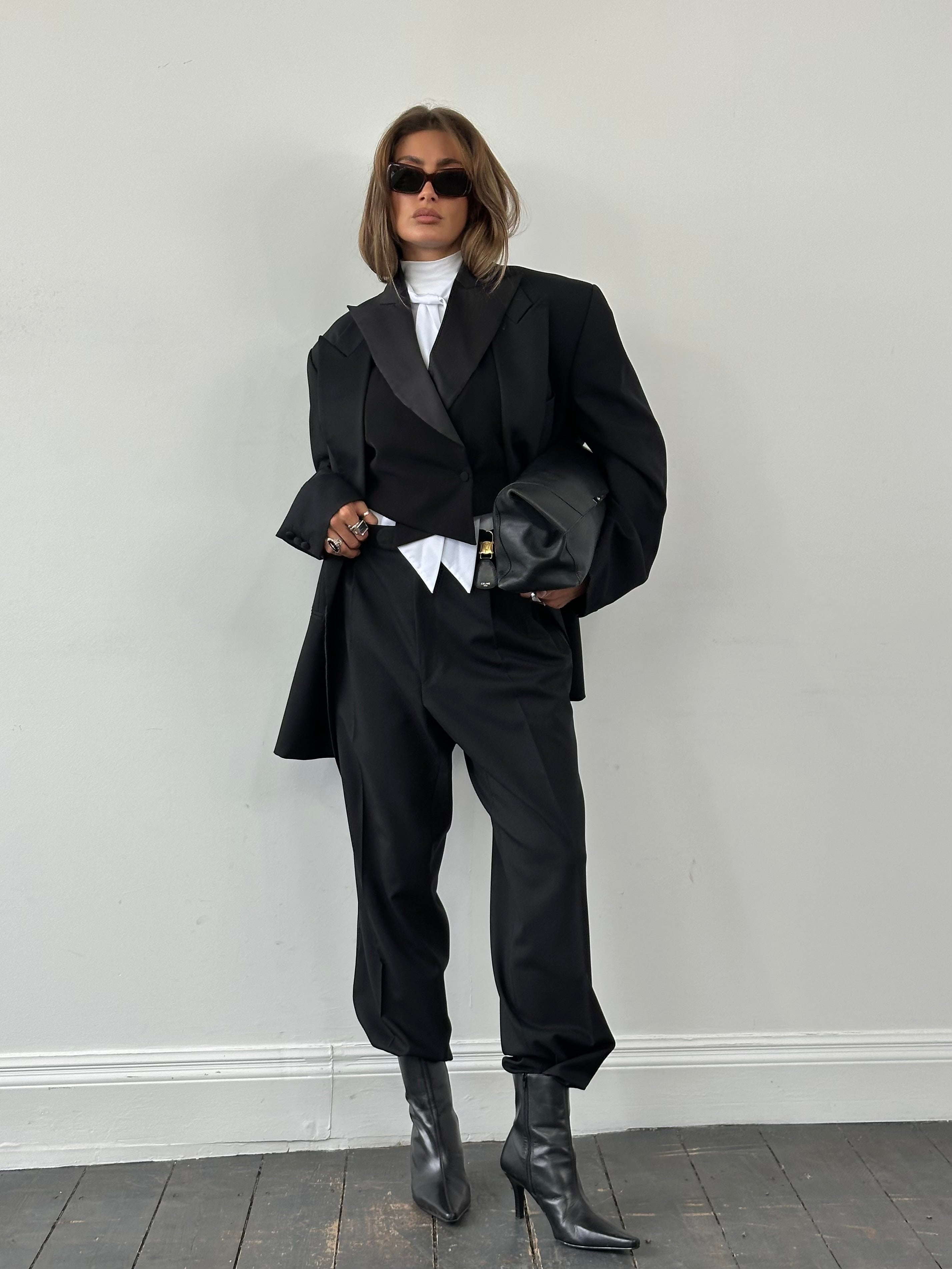Vintage 1990s men's tuxedo suit, pure wool, double-breasted style, size 46R/W34-36, classic formal wear with peak lapels.
