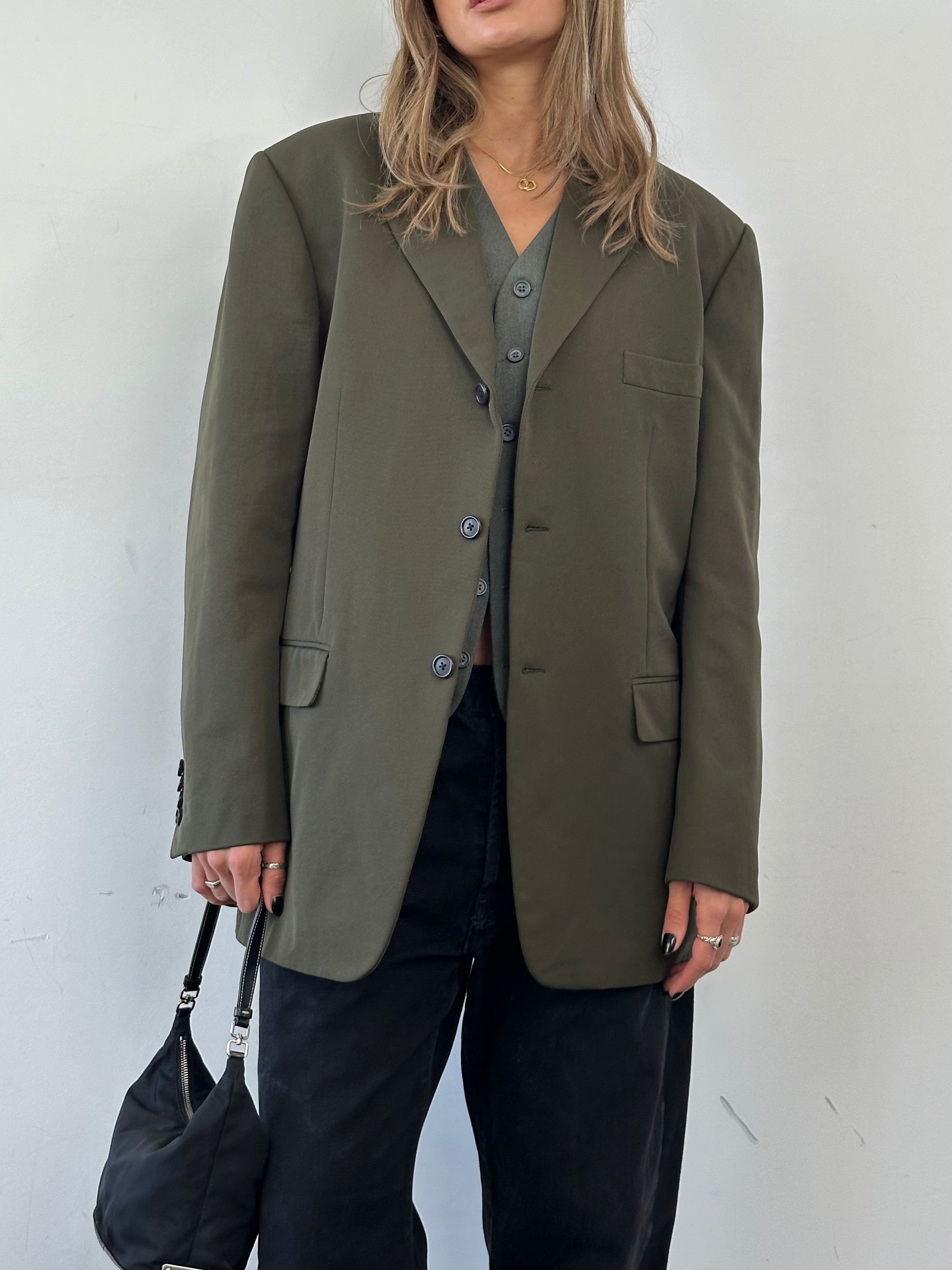 Prada nylon single-breasted blazer in size 44R/XL, tailored fit with a sleek design and classic lapel collar.