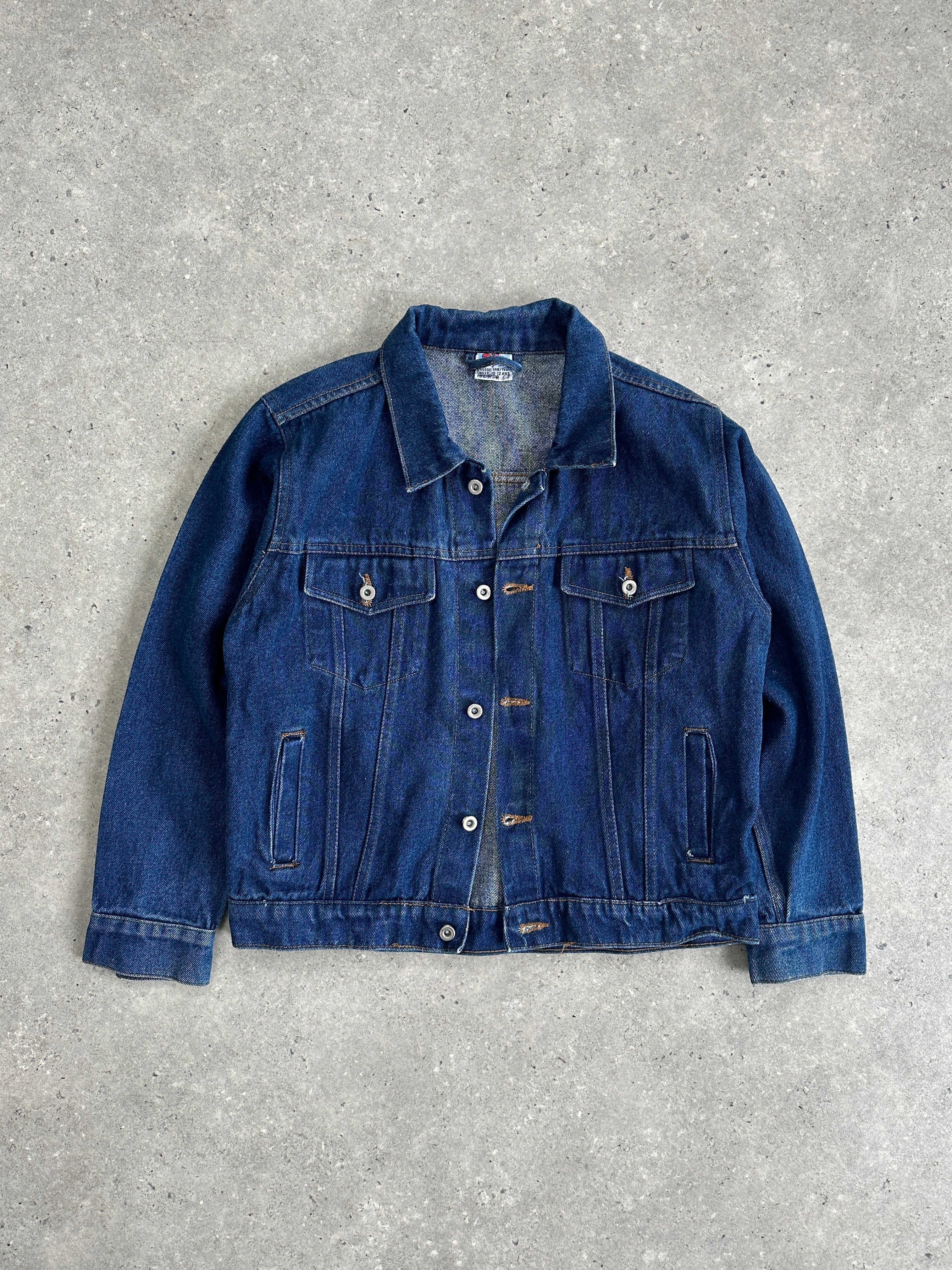 Vintage brand vintage indigo denim button-up jacket in XS/S size, featuring classic style and visible button details.