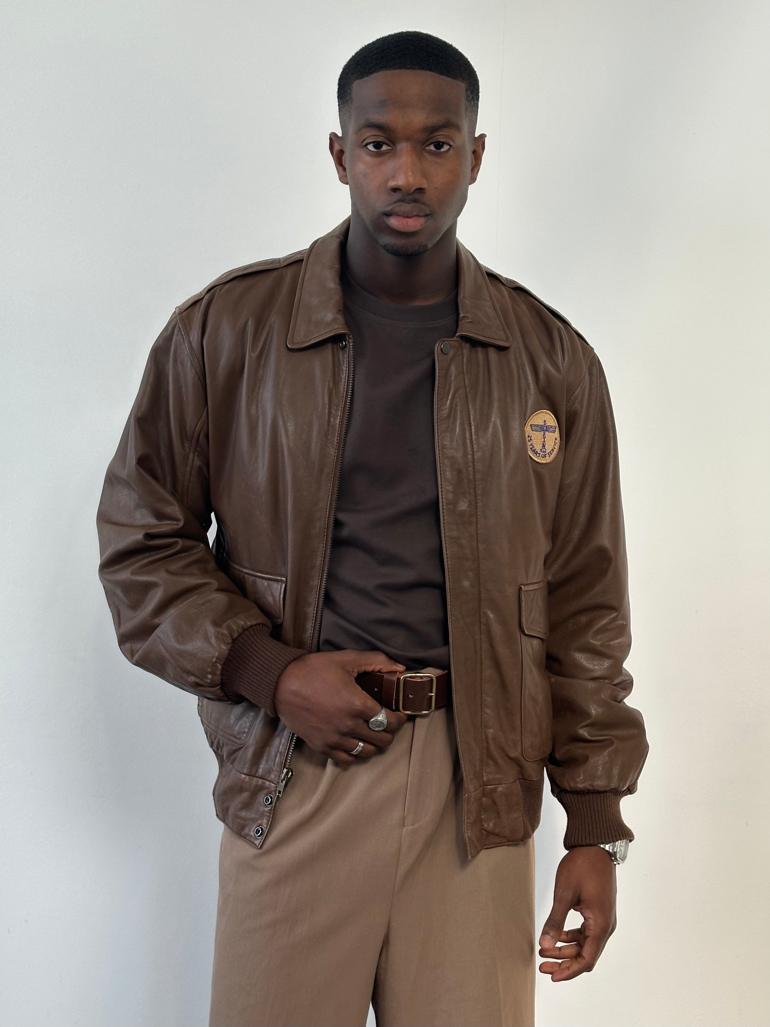 Vintage 1990s  Embroidery Aviator Leather Bomber Jacket - M