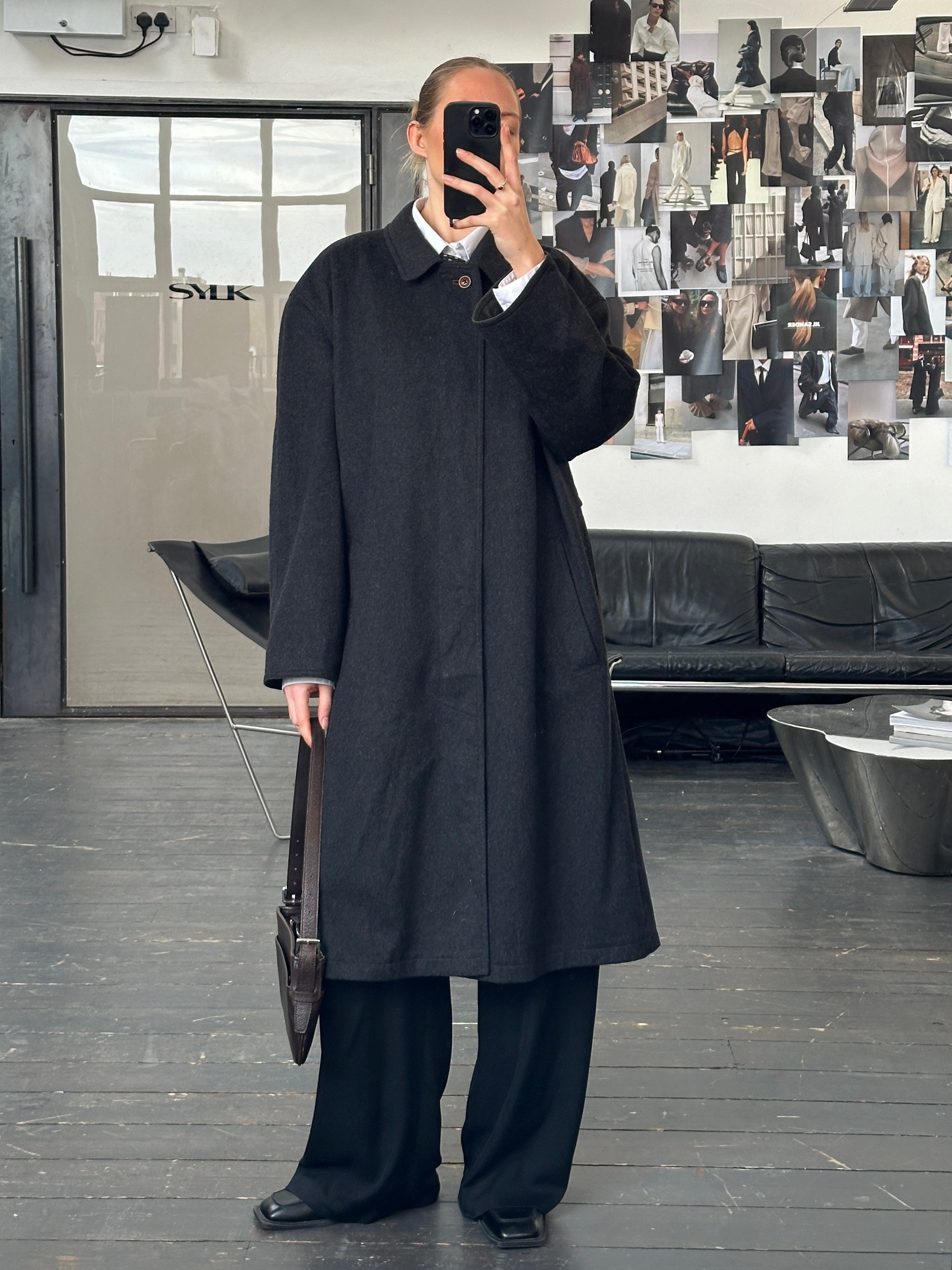 Vintage 1990s wool cashmere coat with concealed placket in XL size, featuring classic design and textured fabric.