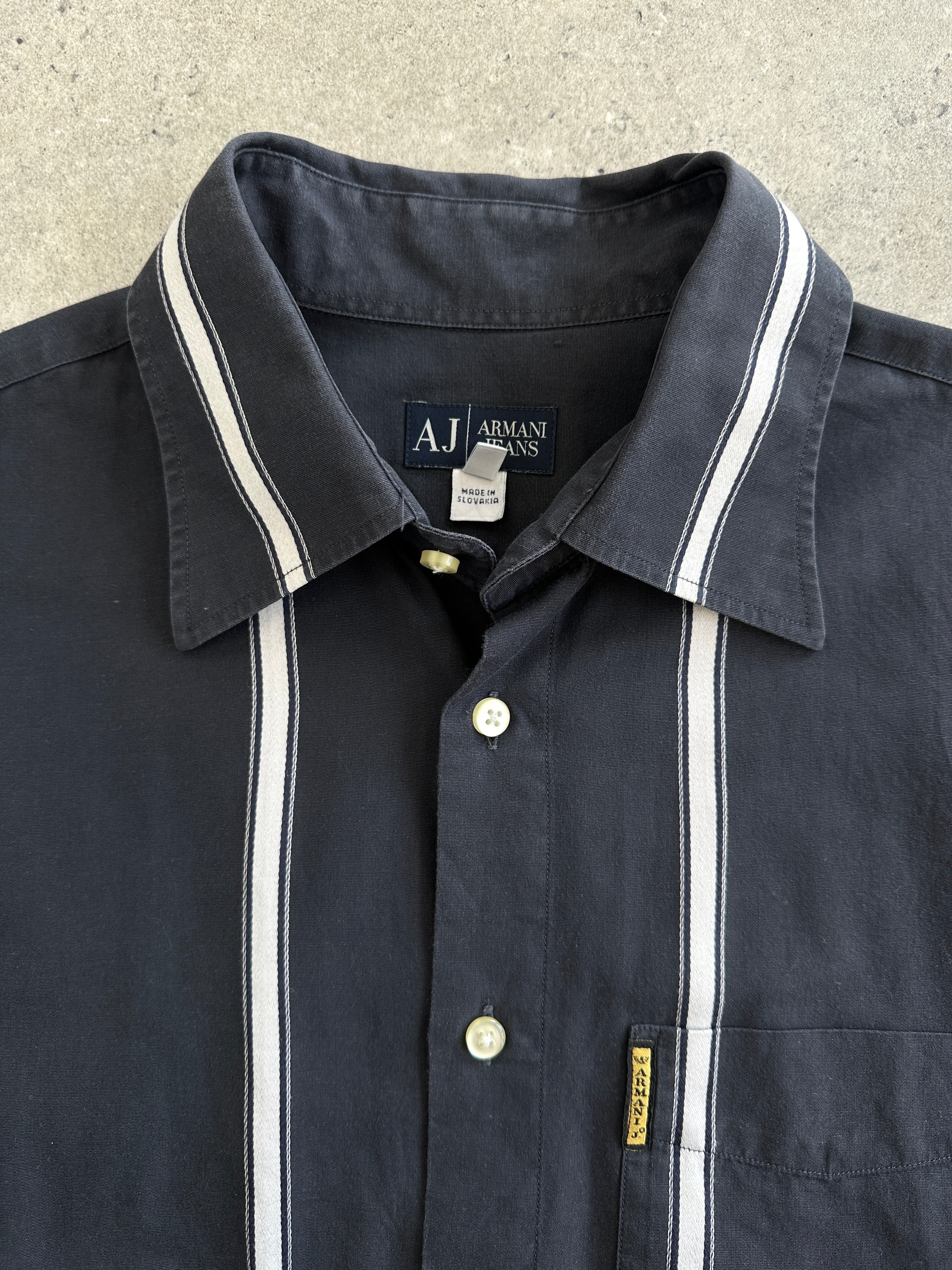 Armani Jeans stripe cotton logo shirt in size M, featuring a stylish striped design and Armani branding on the chest.