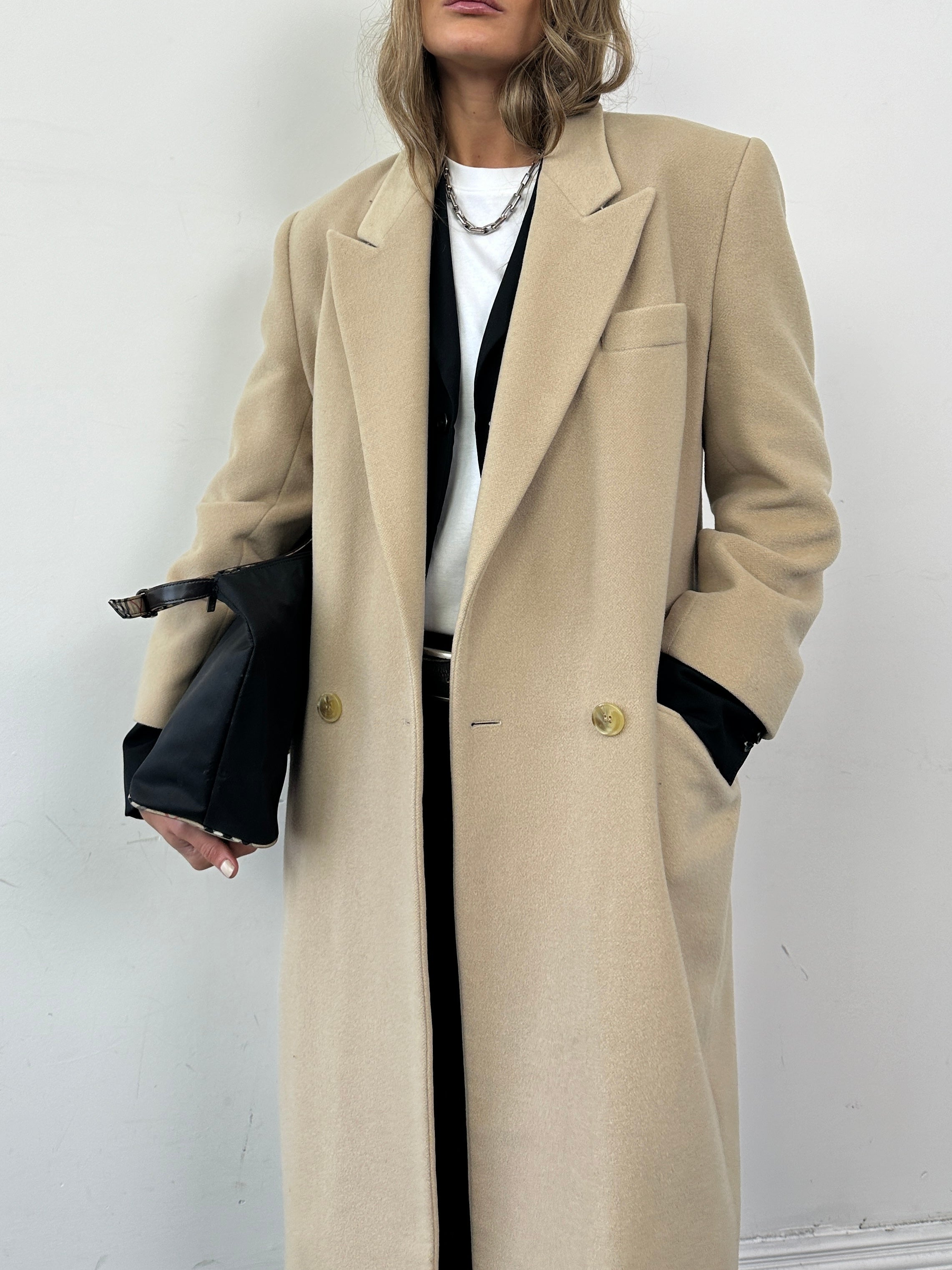 Emporio Armani wool cashmere single-breasted coat in size S, shown on a hanger with a classic tailored fit.