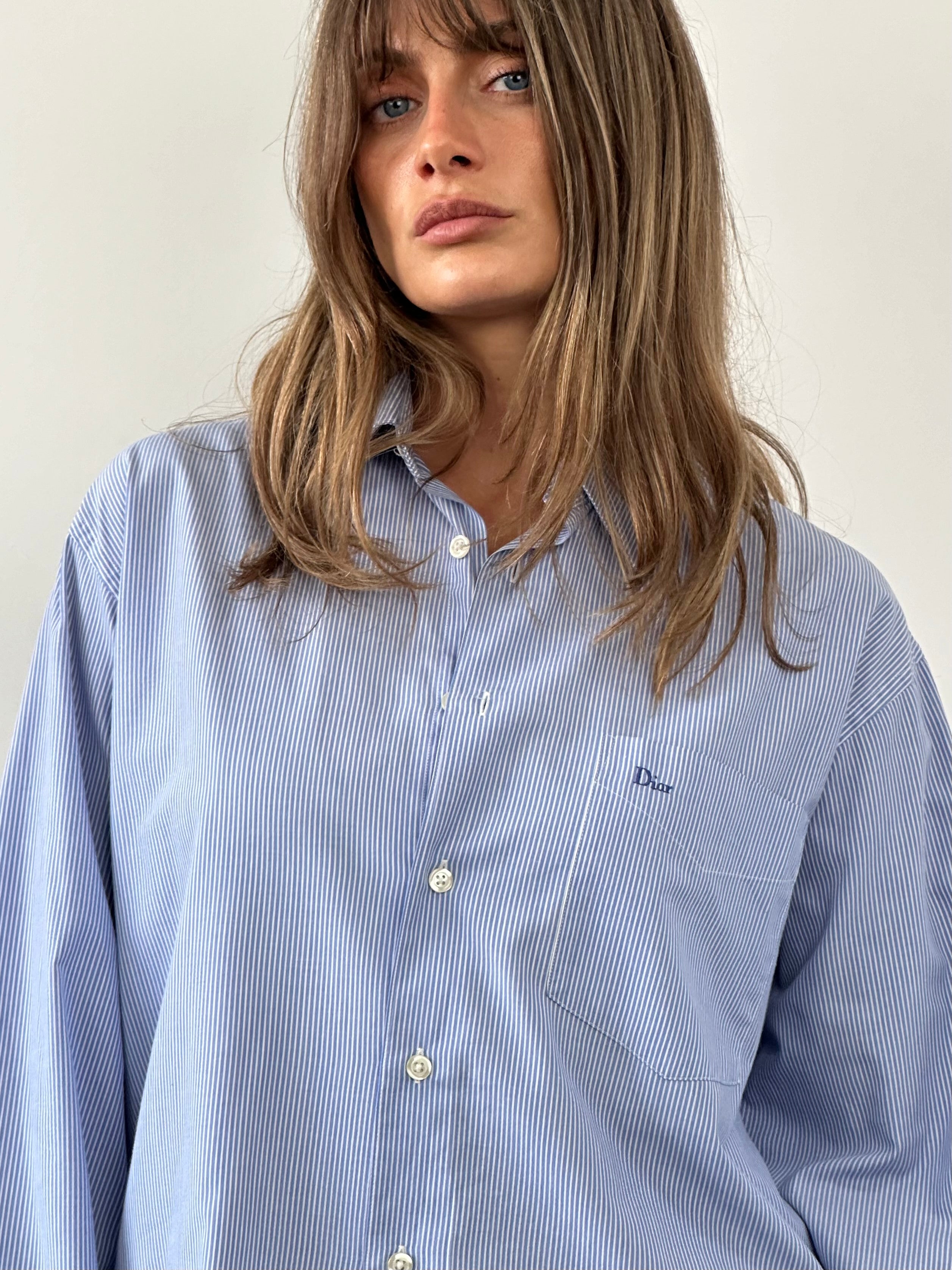 Christian Dior Monsieur cotton stripe logo shirt in size M/L, featuring classic striped fabric and Dior branding.