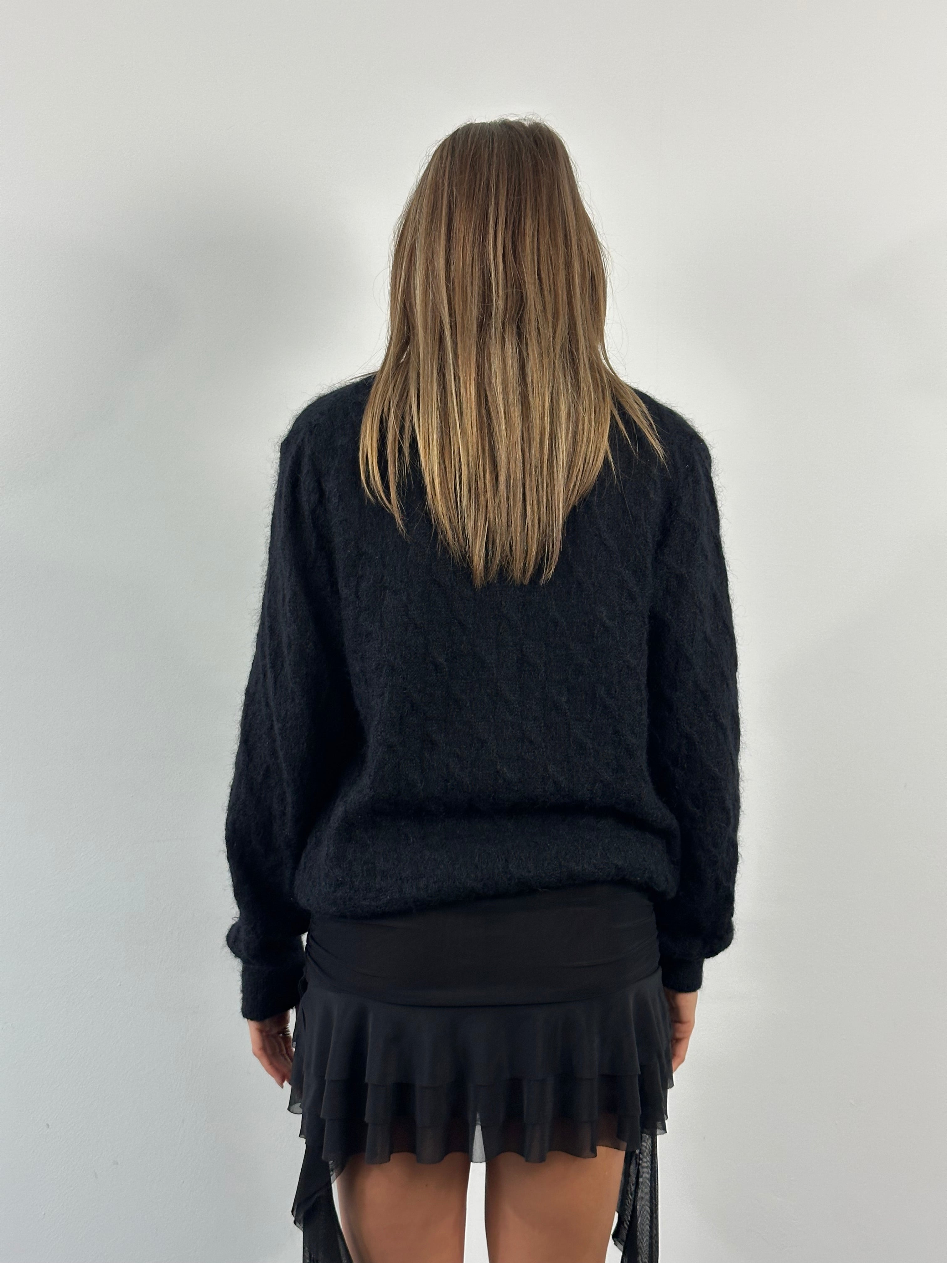 Vintage Italian 1990s mohair knitted cardigan in M/L size, featuring a cozy, textured design with button closure.