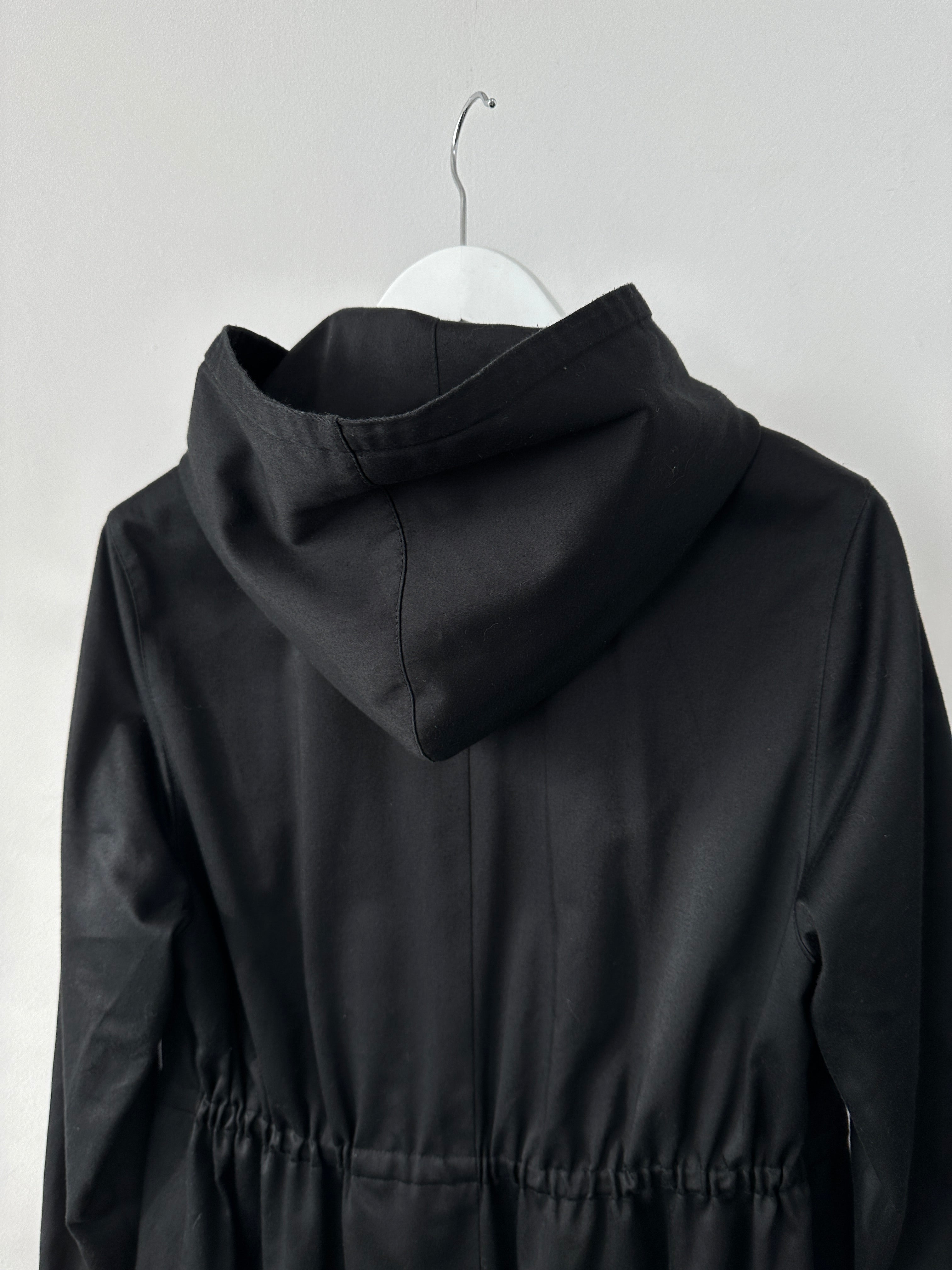 Vintage cotton tie waist hooded trench coat, size small, featuring classic design, button closure, and adjustable hood.