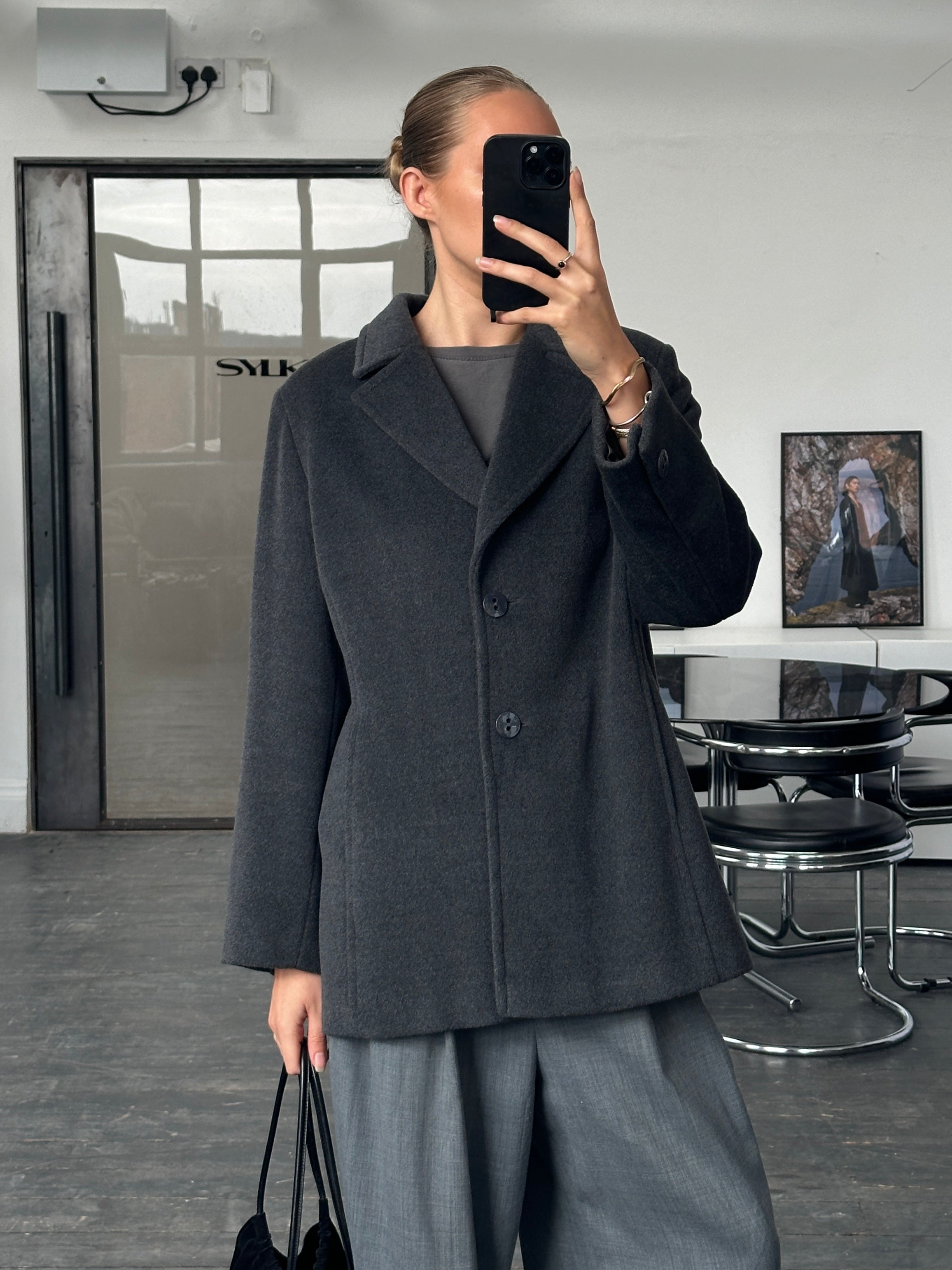 Krizia 1990s Virgin Wool Coat, medium size, classic design, beige color, tailored fit, stylish vintage outerwear.