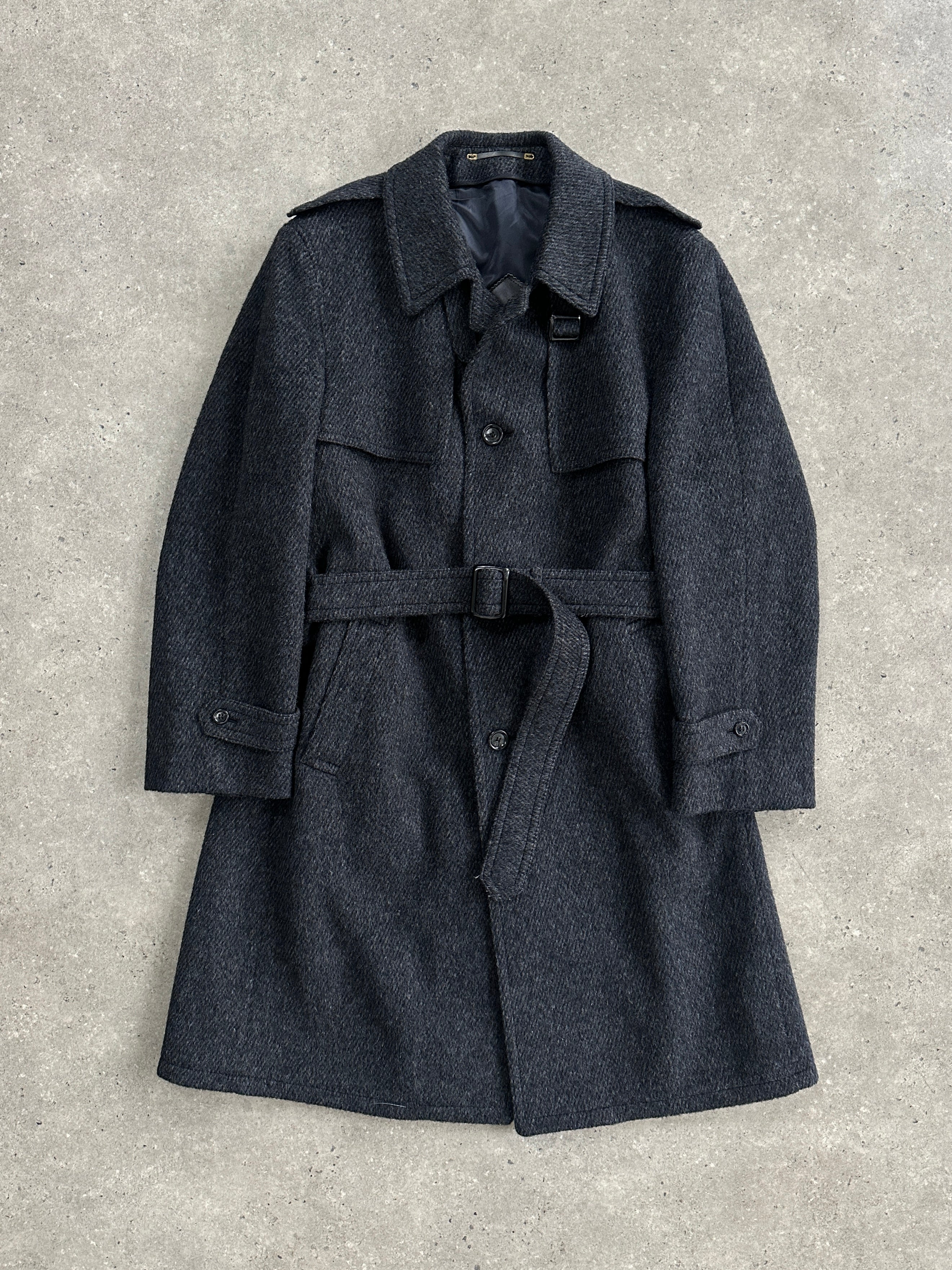 Vintage 1990s pure brushed wool high neck belted coat in XL, showcasing the classic design and cozy texture of this vintage coat.