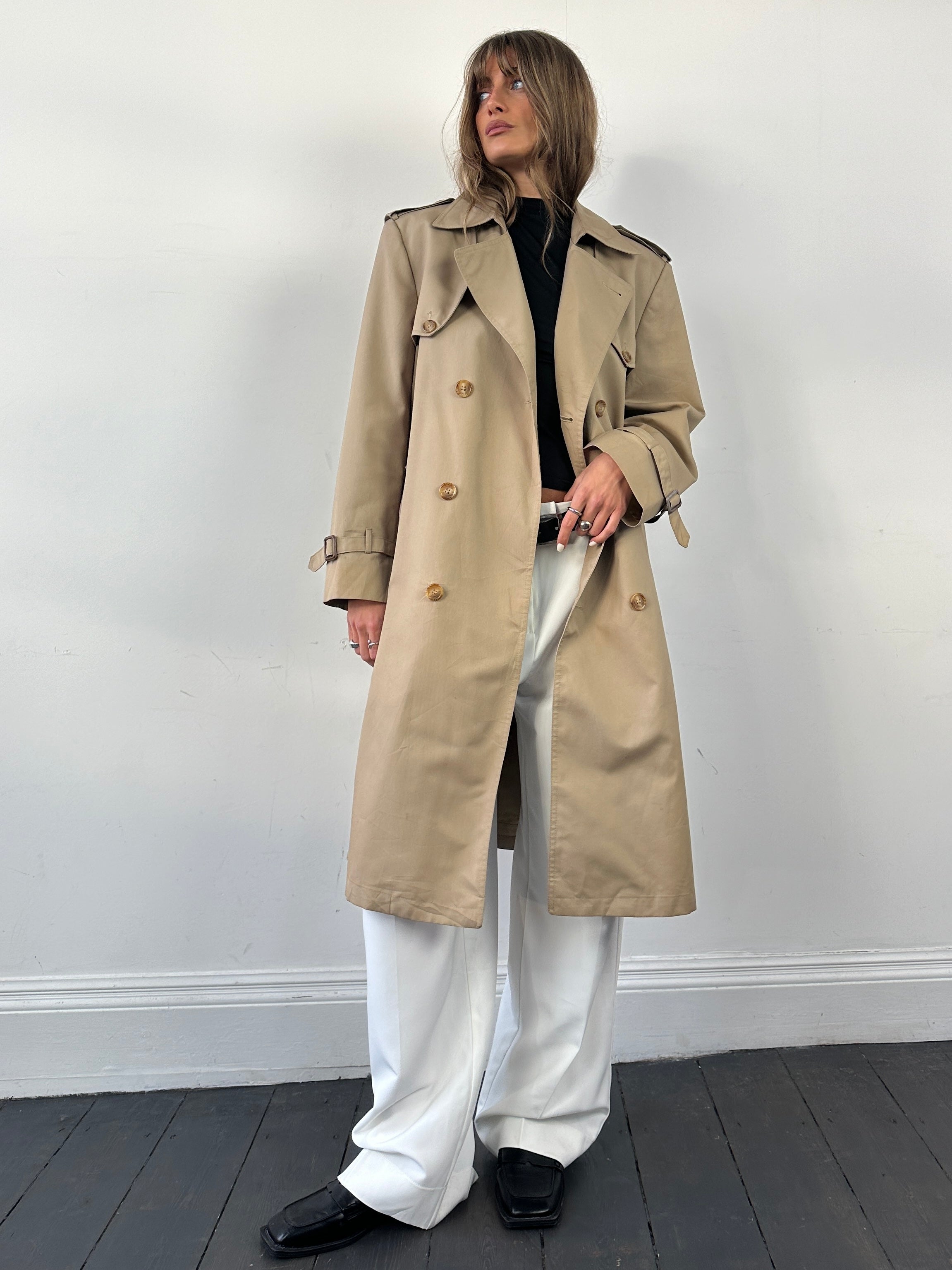 Christian Dior double-breasted cotton belted trench coat in size M, featuring classic design and tailored fit.