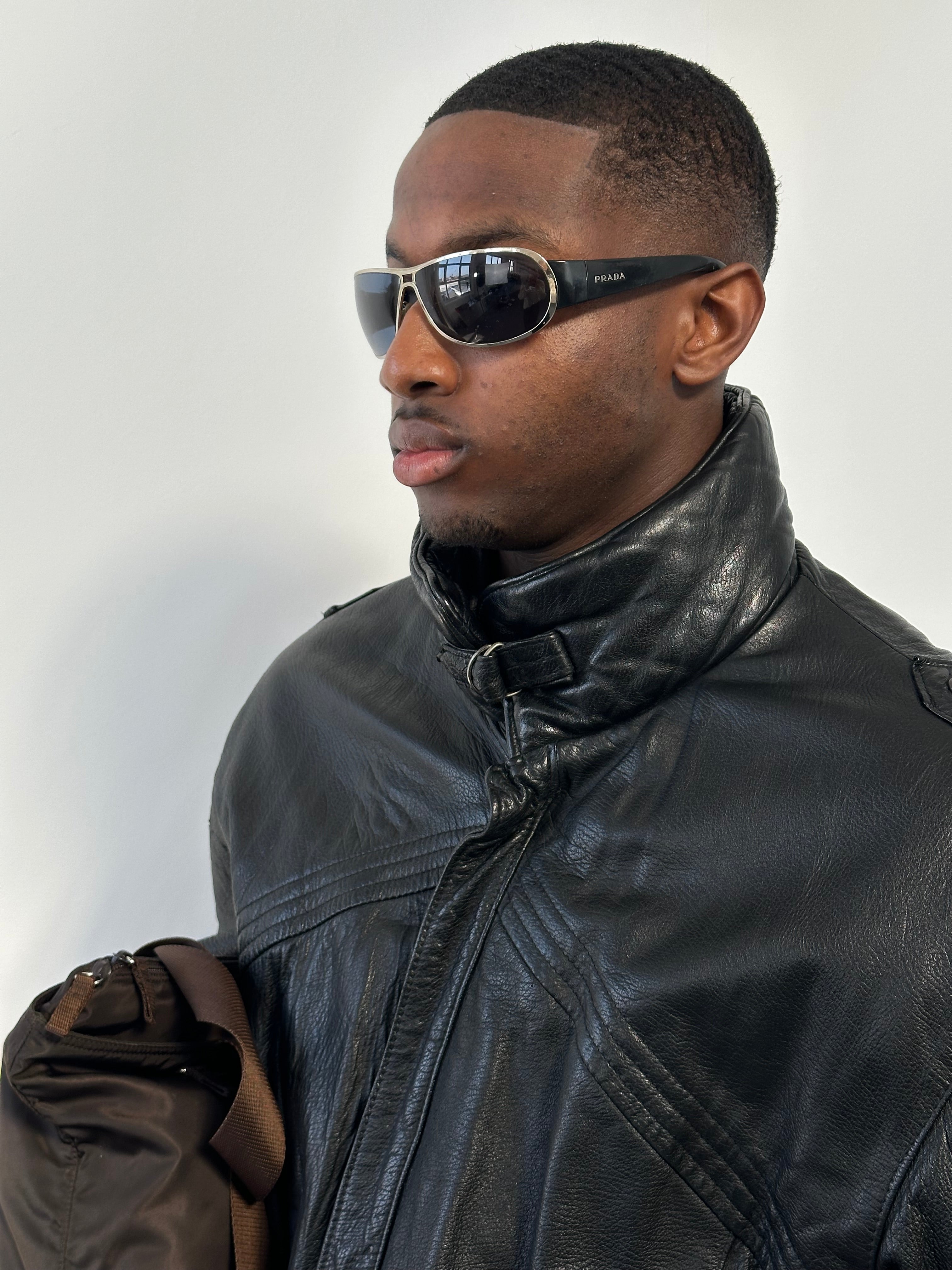St Michael 1980s high neck leather bomber jacket in XL, featuring a classic black design with a zip front and ribbed cuffs.