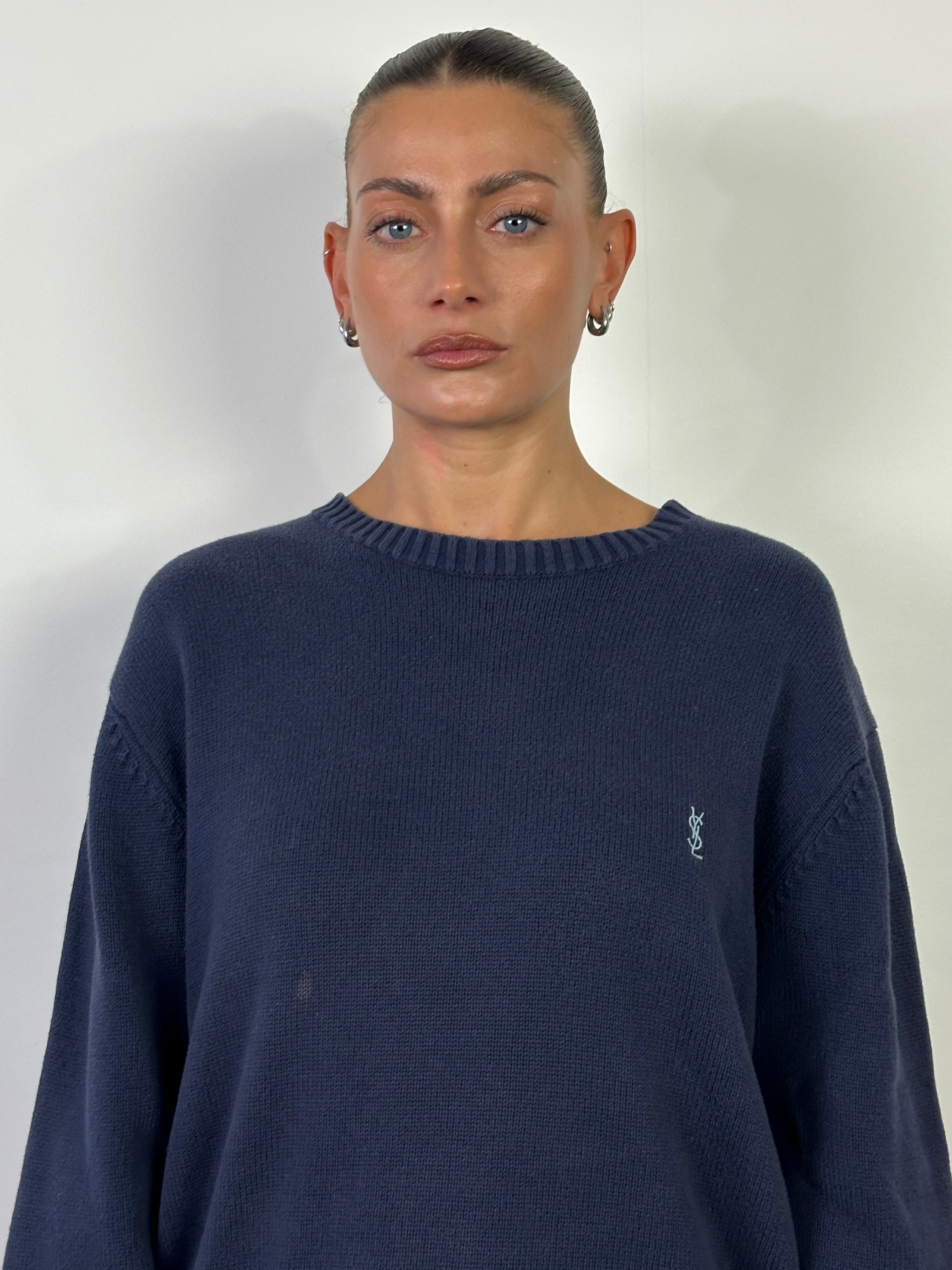 Yves Saint Laurent Pour Homme pure cotton knitted jumper with logo, in size L/XL, featuring a classic crew neck and ribbed cuffs.