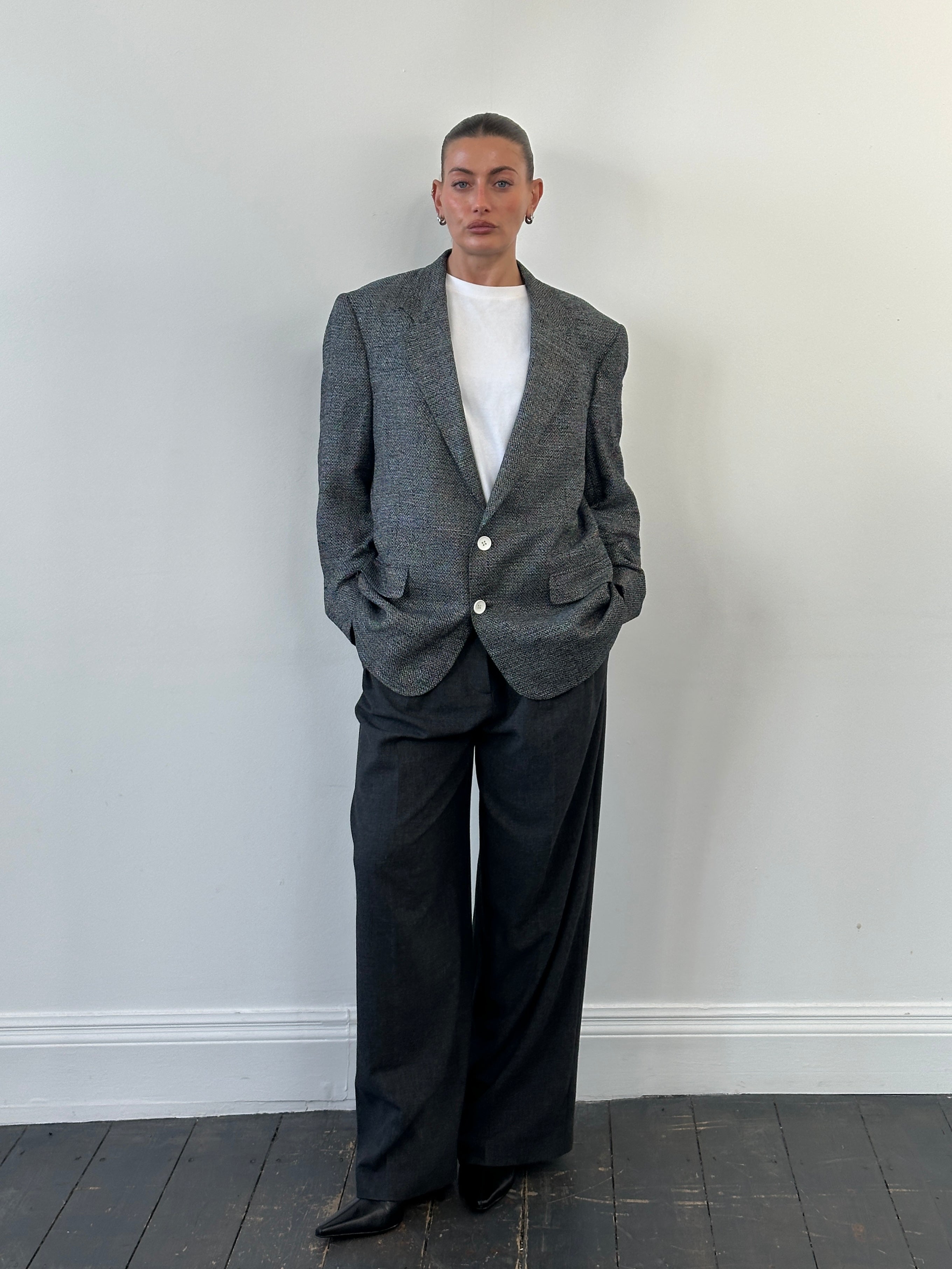 Christian Dior Monsieur 1990s pure silk blazer in size 44R/XL, shown on a hanger with detailed fabric texture.