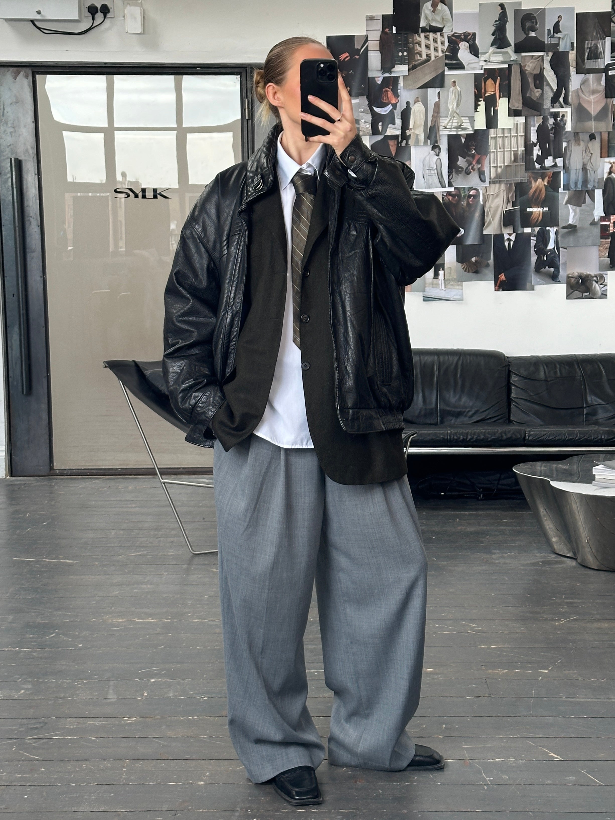 St Michael 1980s High Neck Leather Bomber Jacket - XL