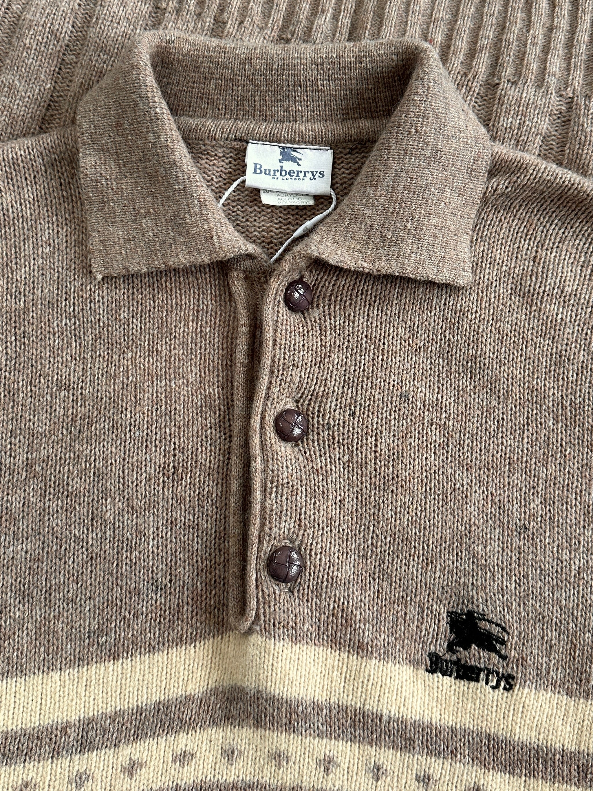 Burberry 1990s wool Fair Isle logo polo jumper in XL, featuring classic knit pattern and the iconic Burberry logo.