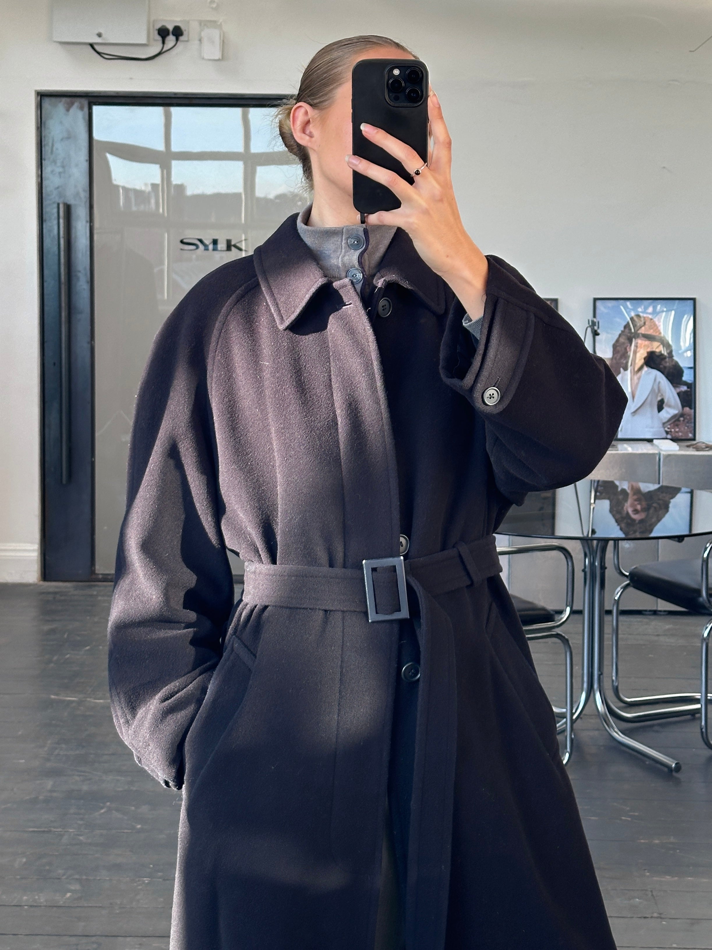 Vintage 1990s wool cashmere belted coat in size L/XL, classic long coat with button details and tailored fit.