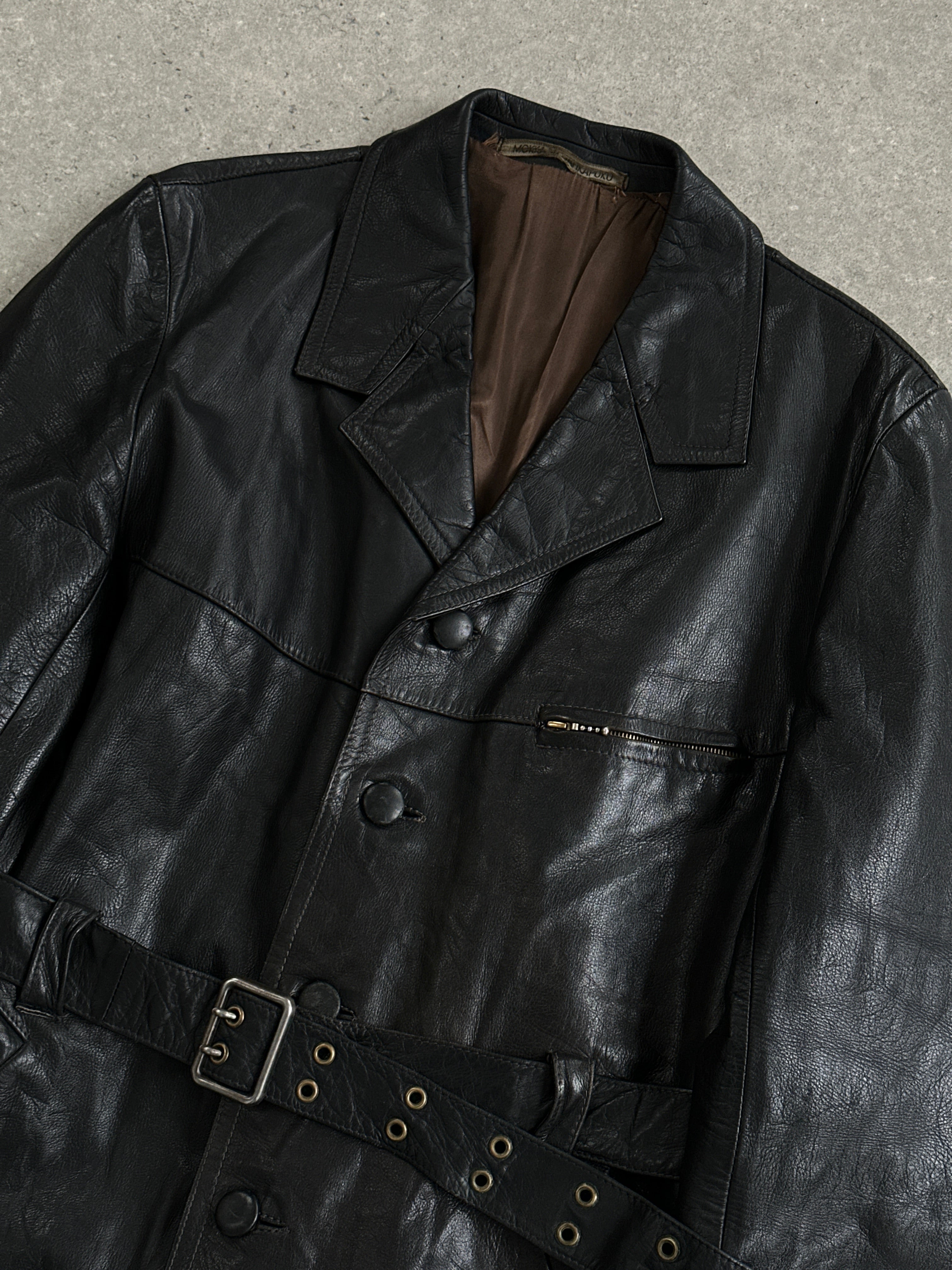Vintage belted leather jacket in XL size, featuring classic design and stylish details, shown on a hanger.