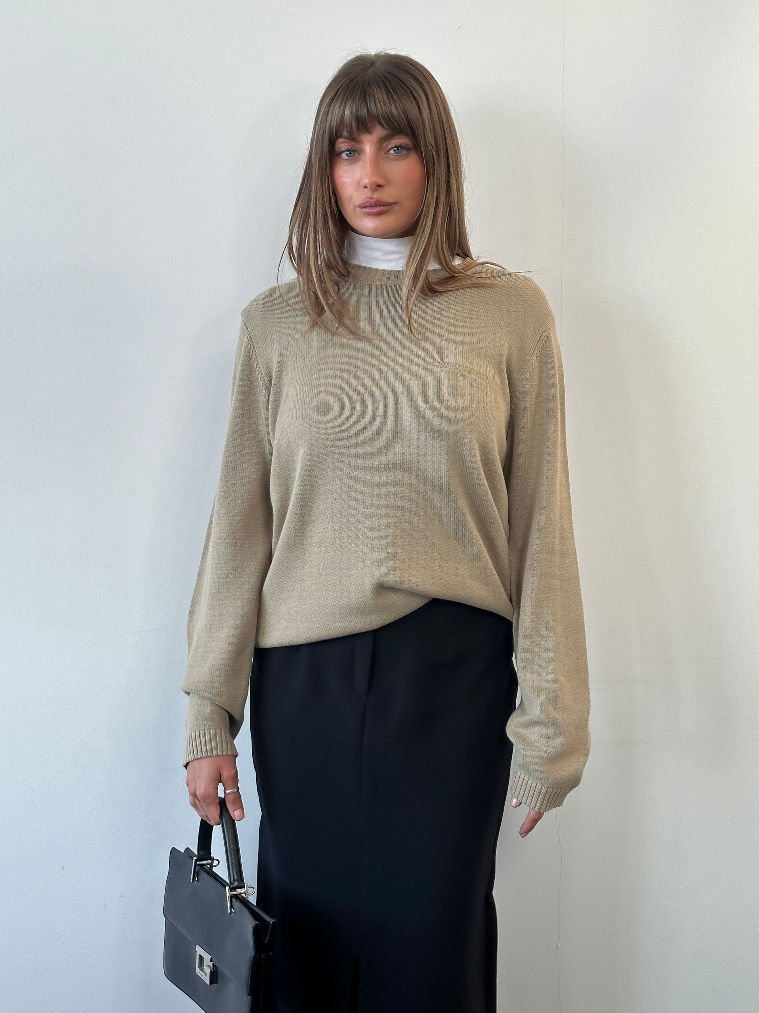 Armani Jeans 1990s pure cotton logo knitted jumper in size L, featuring a classic design with the Armani logo on the front.
