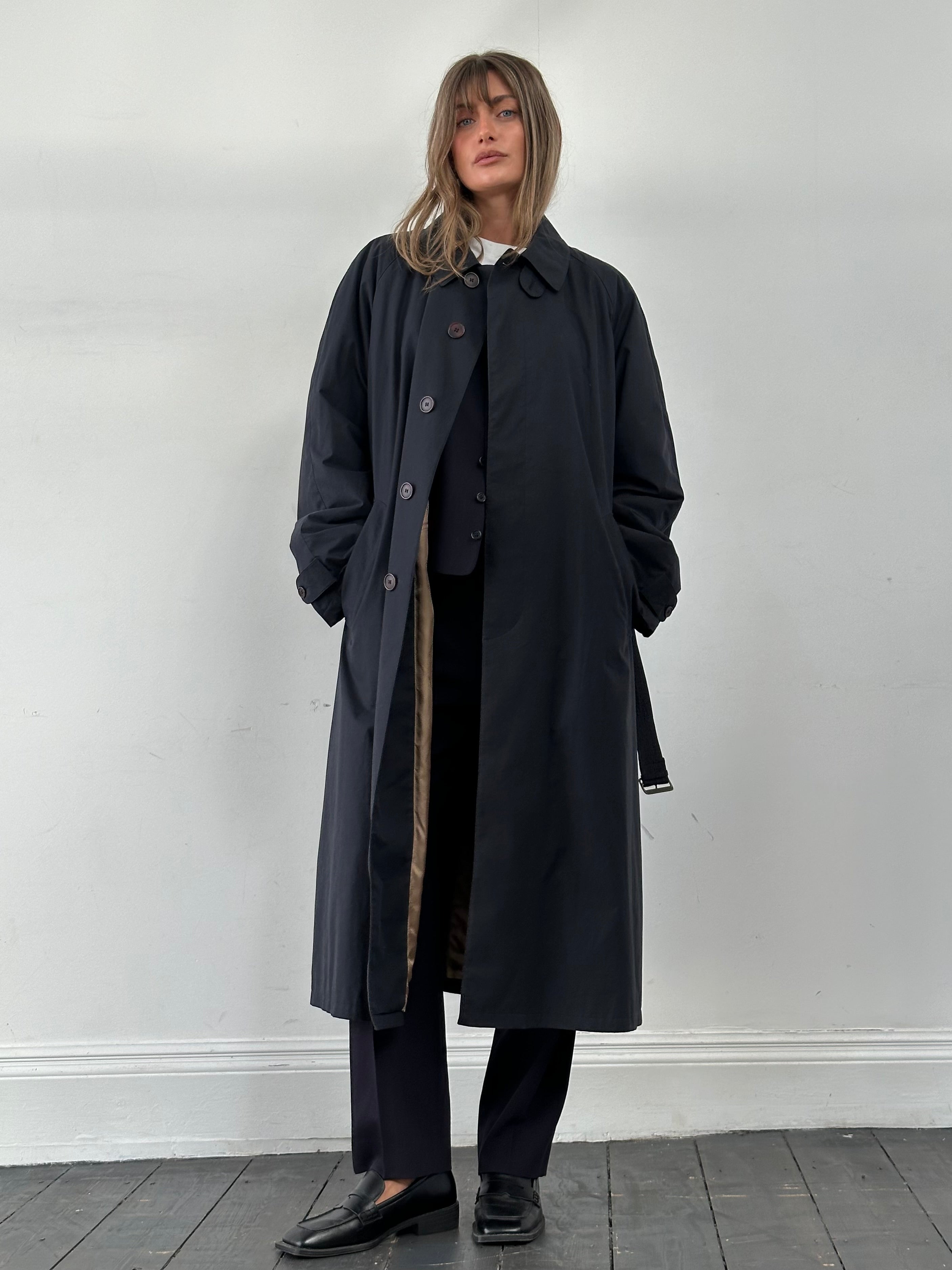 Giorgio Armani Le Collezioni cotton belted trench coat in XL, beige color, stylish long coat with waist belt and classic design.