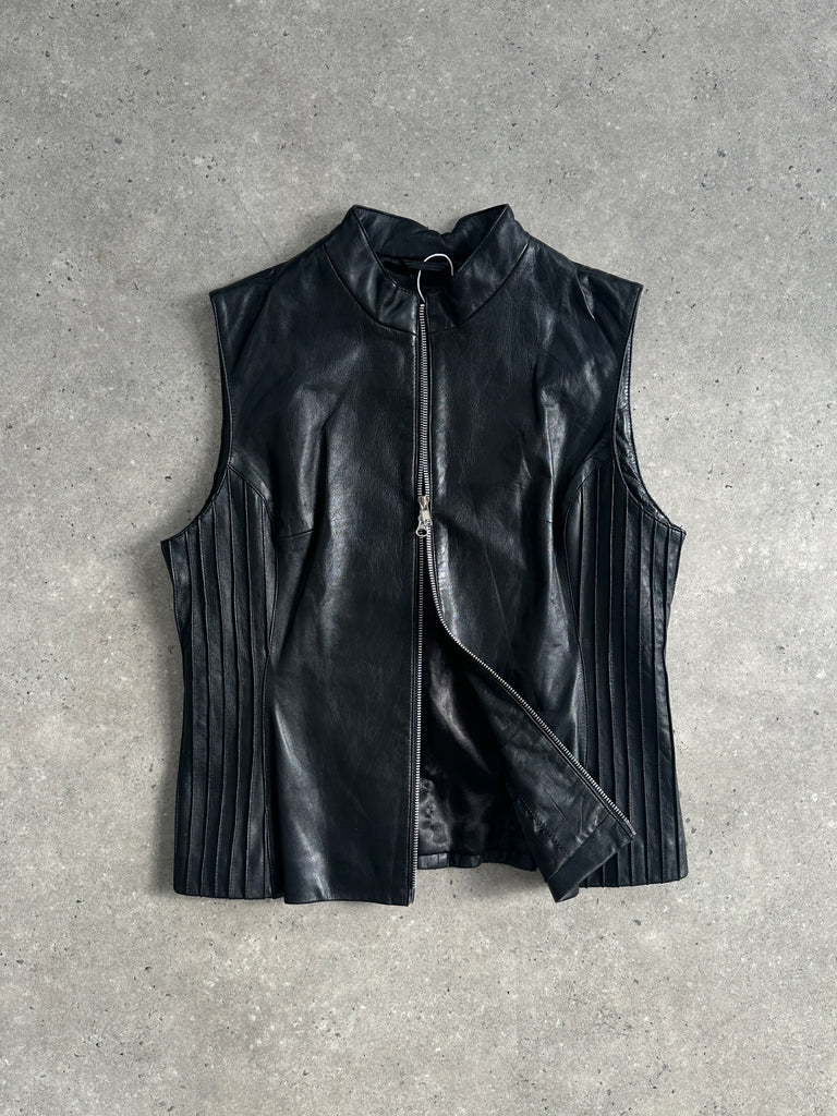Vintage Leather Double Zip Pleated Vest Gilet Jacket - L - SYLK