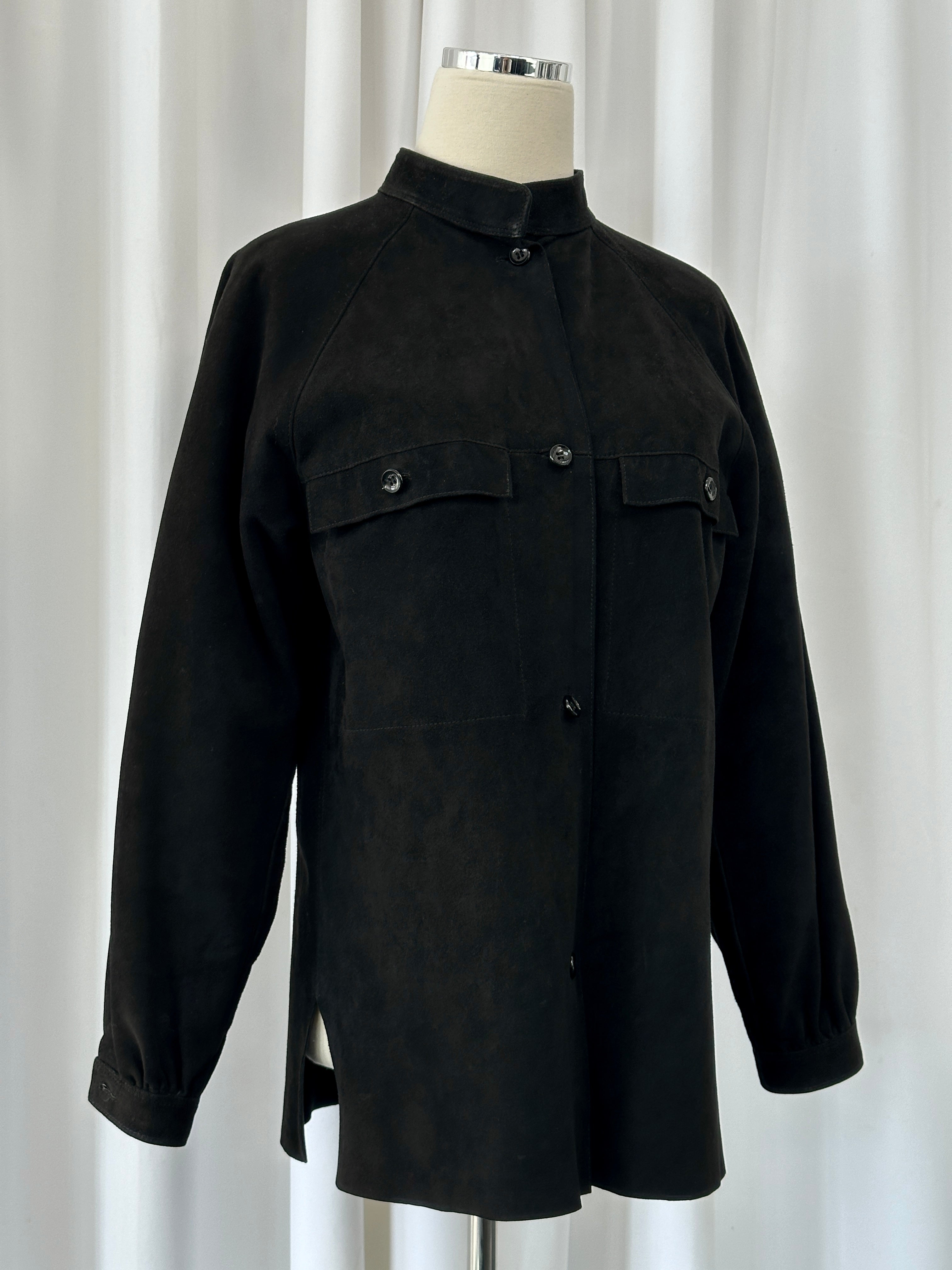 Gianni Versace x Beged-Or 1970s suede shirt in brown with classic collar and button-front design, size small.