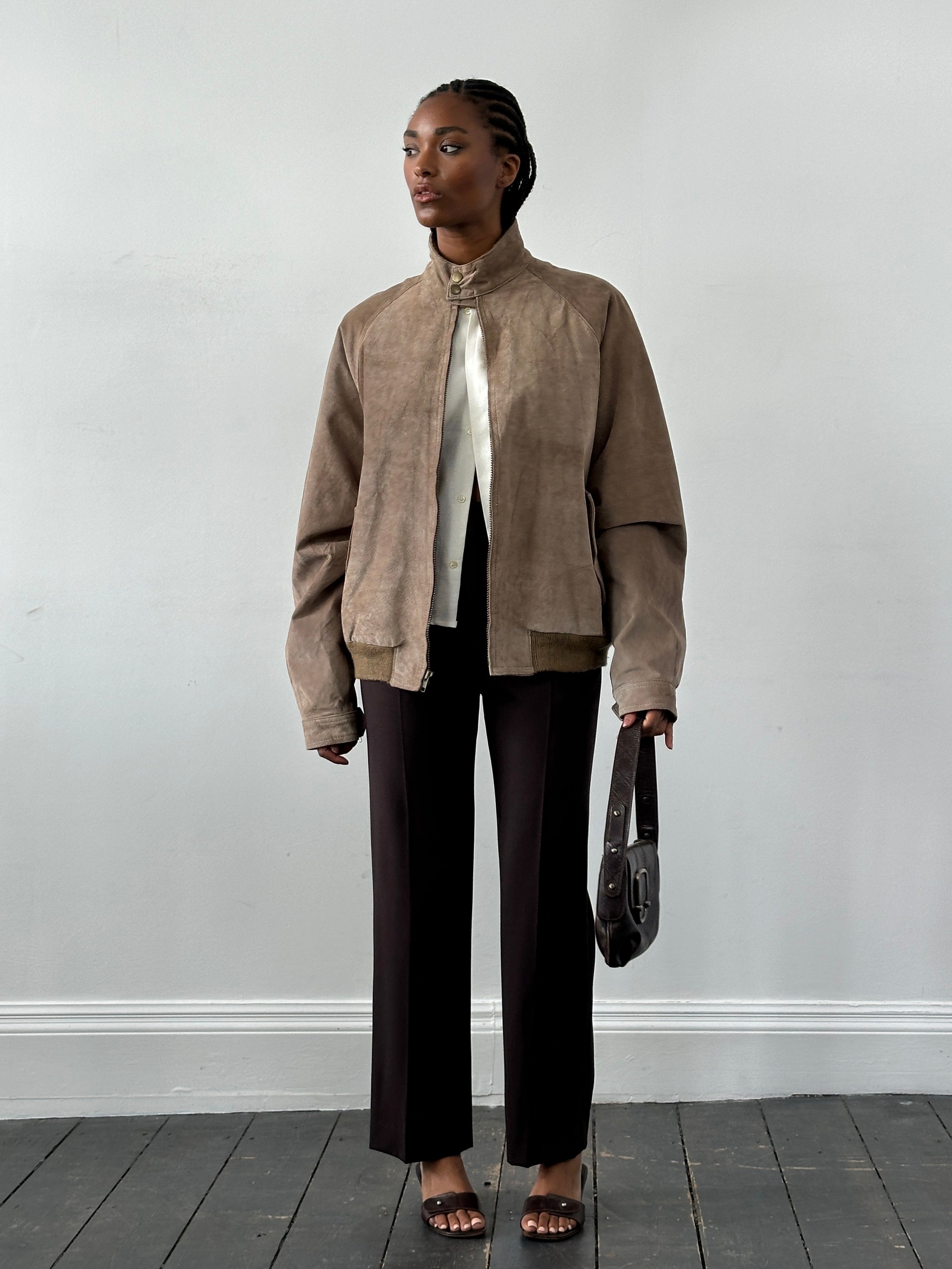 Vintage 1990s high neck suede bomber jacket in XL size, featuring classic design and rich brown color.