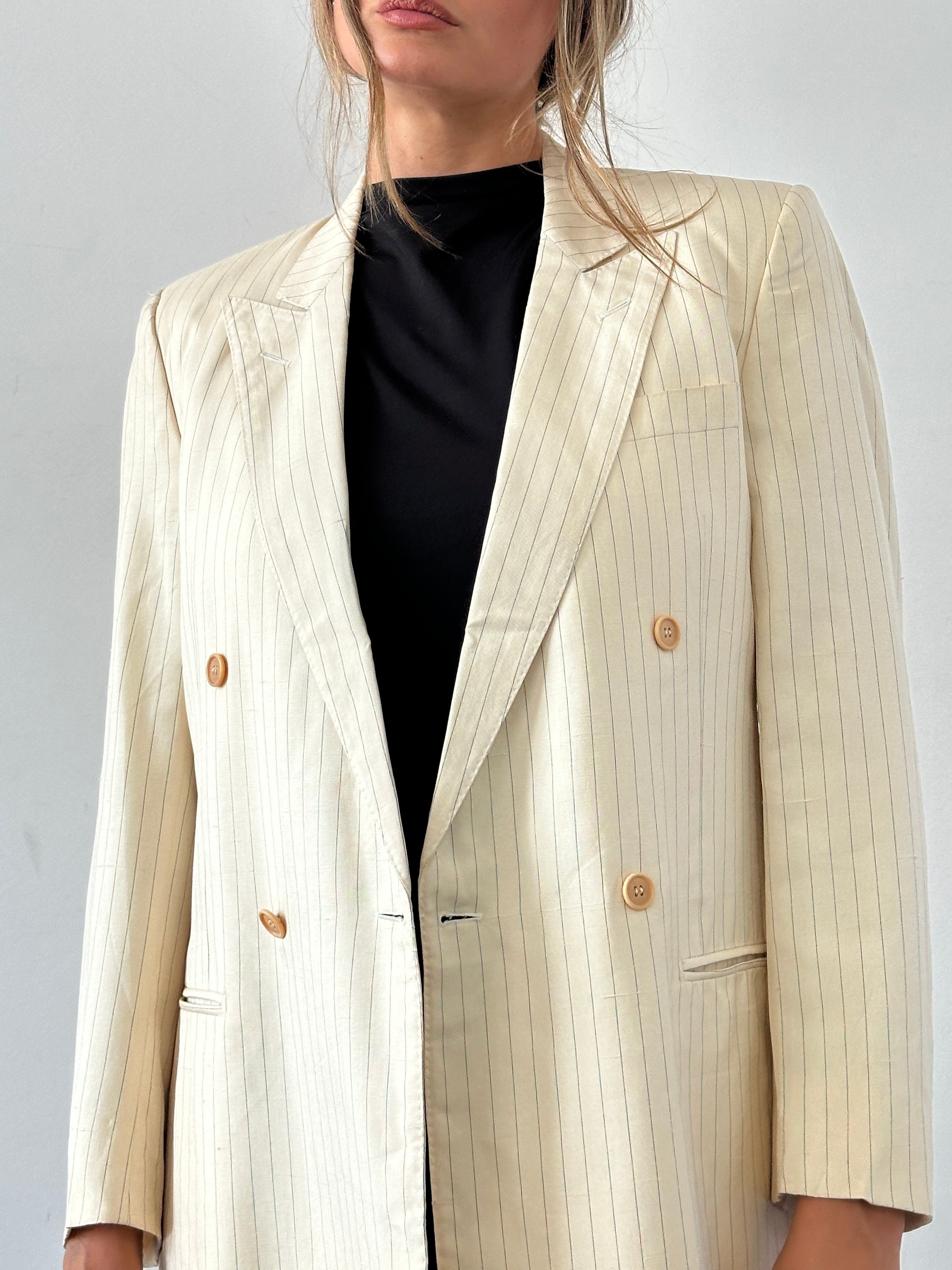 Pierre Cardin pure silk stripe double-breasted blazer in size 36R/S, tailored fit with classic lapels and stylish pattern.