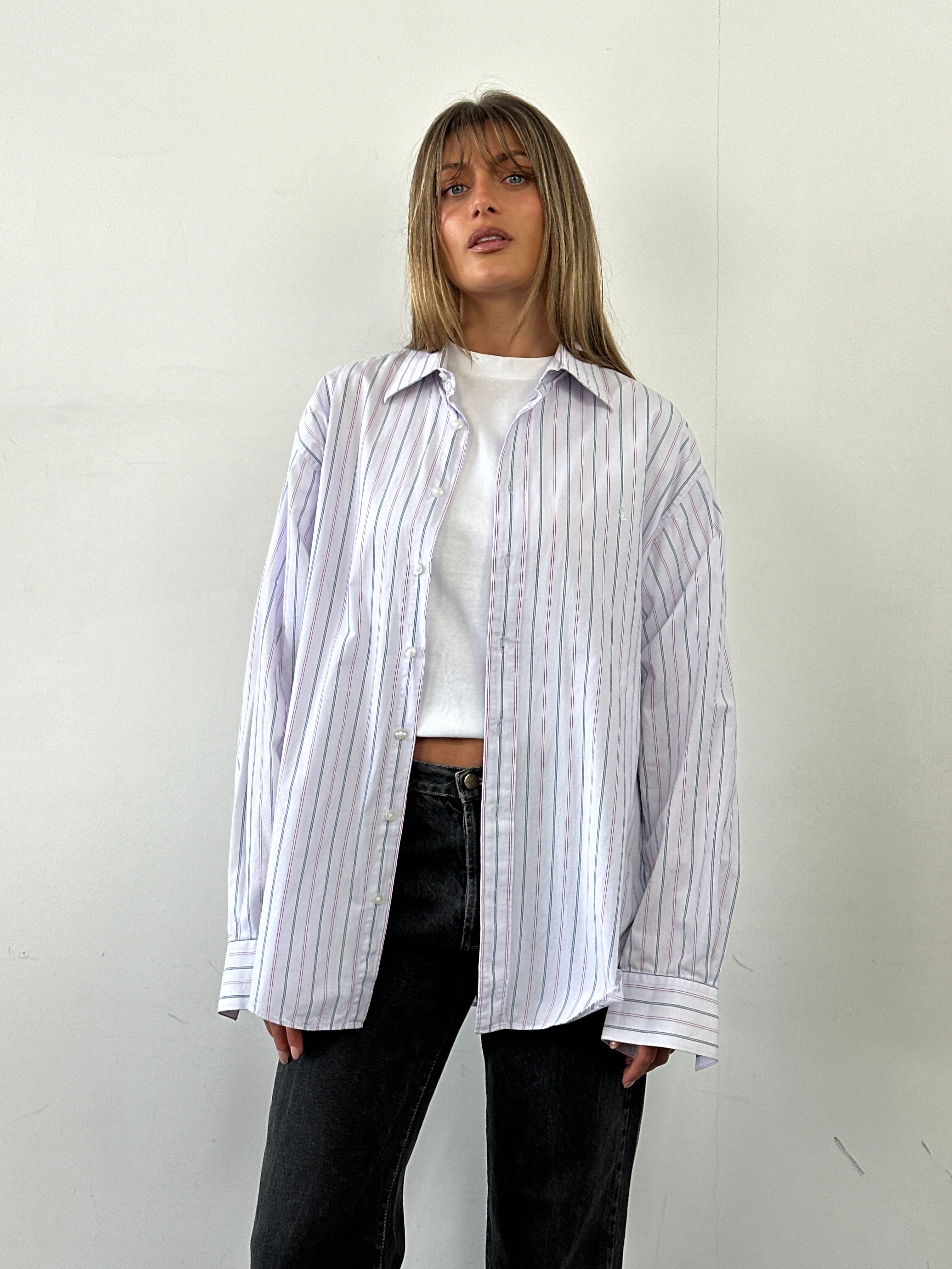 Yves Saint Laurent Pour Homme stripe pure cotton logo shirt in XL, showing white shirt with blue and red stripes and YSL logo detail