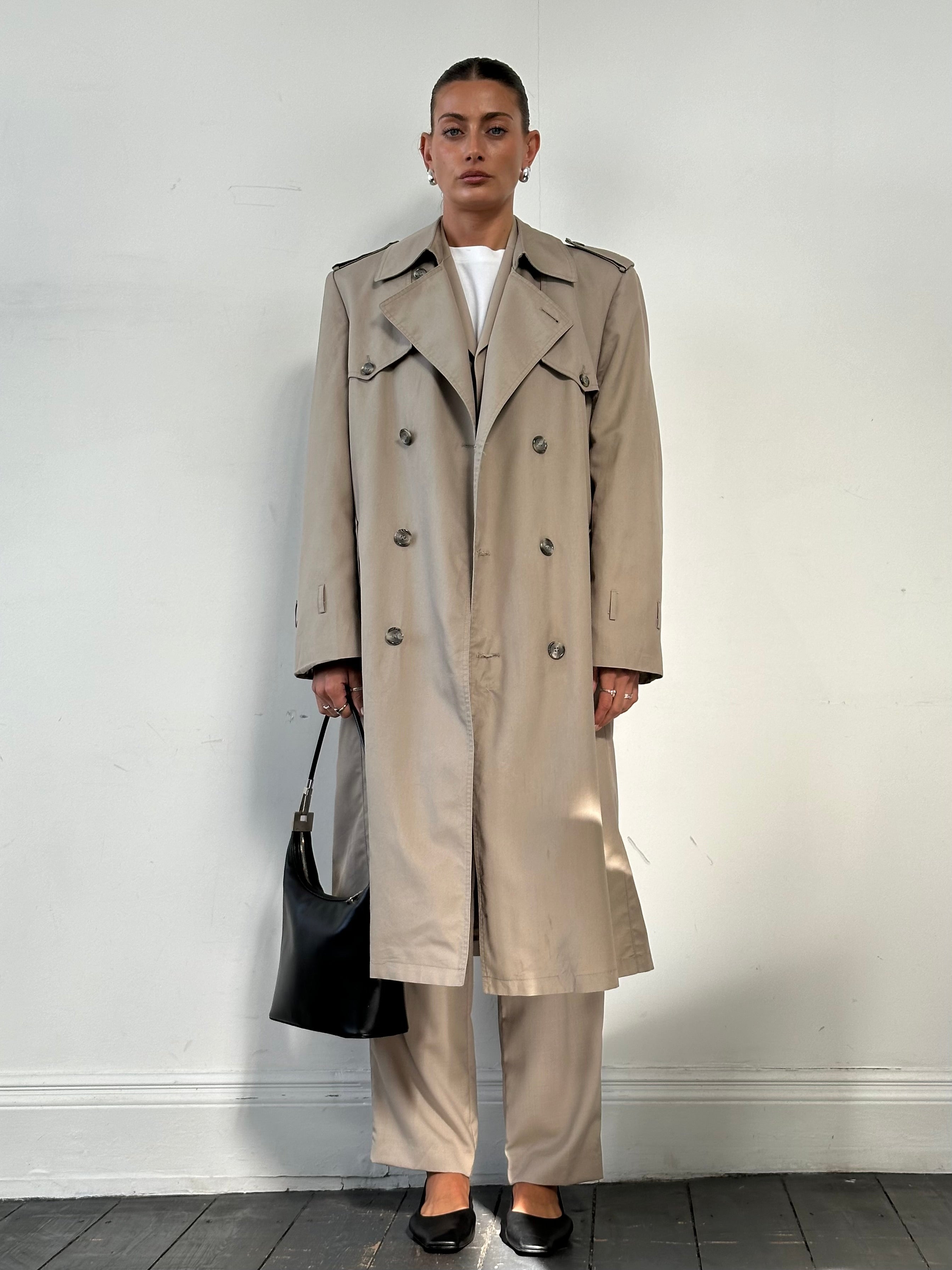Christian Dior Monsieur cotton double-breasted belted trench coat in XL, shown on a hanger with classic design and beige color.