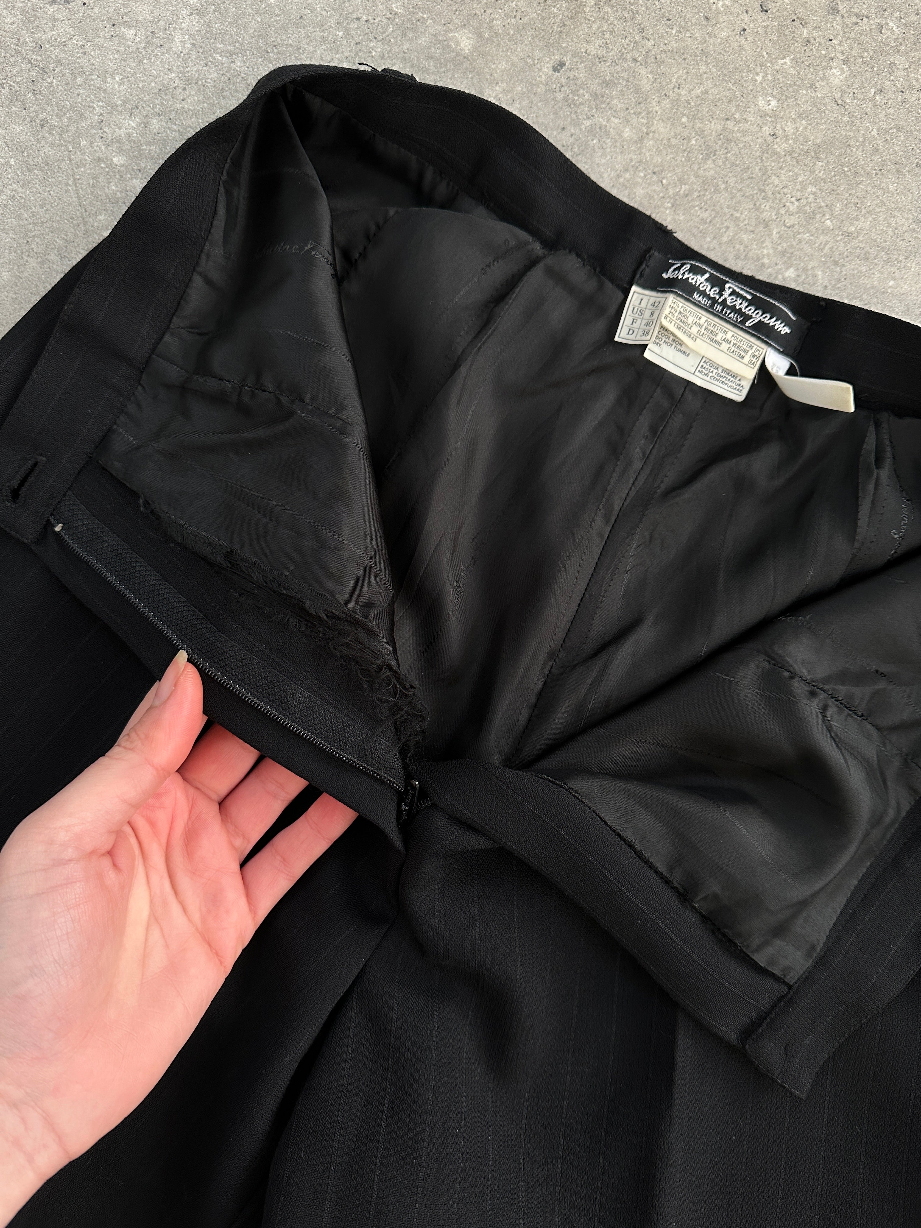Salvatore Ferragamo wool striped high-waisted tailored trousers, front view showing fit and classic design.