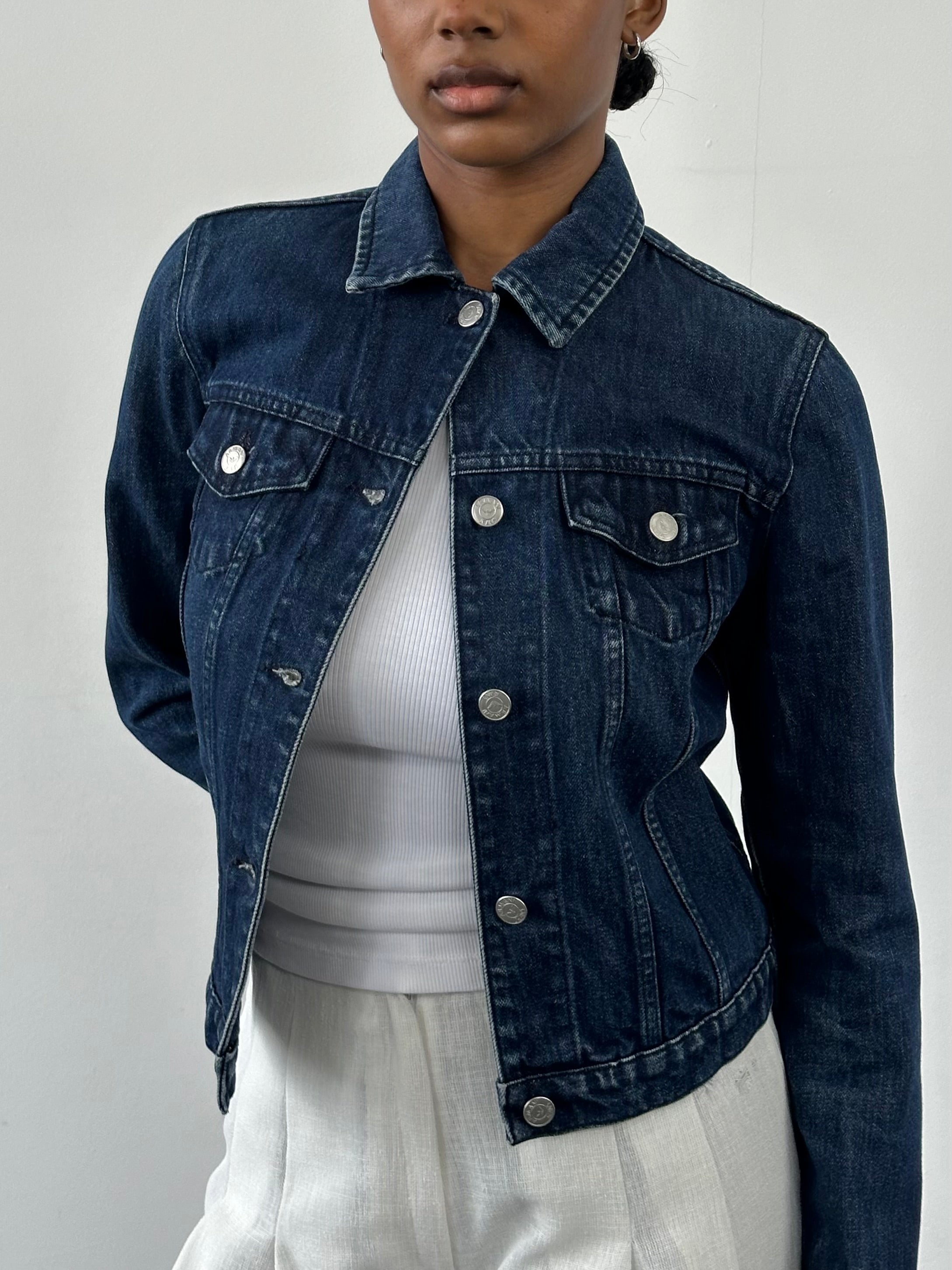 Armani Jeans 2000s mid wash denim jacket in XS/S size, featuring classic denim design and button closures.