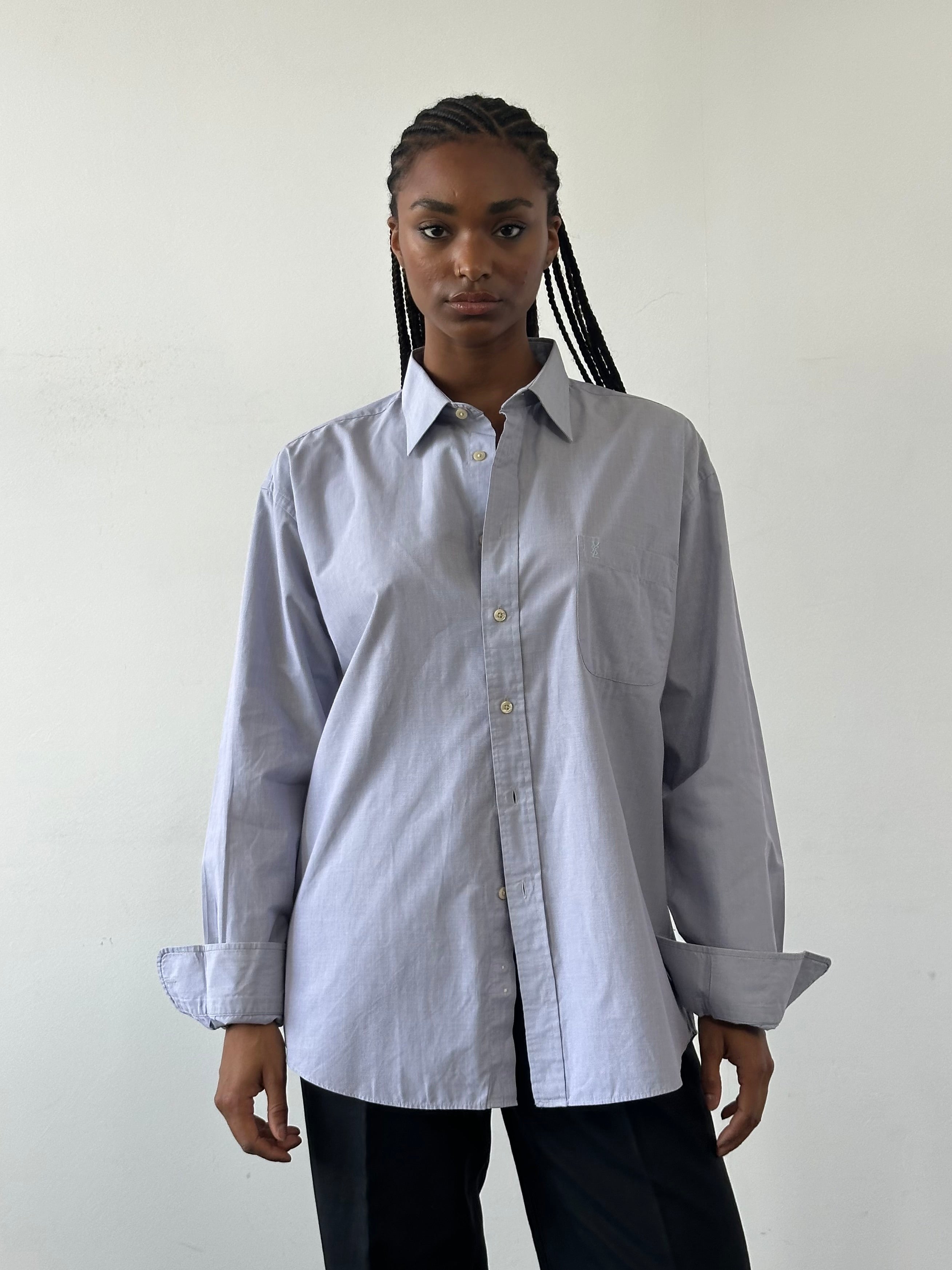 Yves Saint Laurent Pour Homme cotton logo shirt in size L/XL, featuring classic design and brand logo on the front.