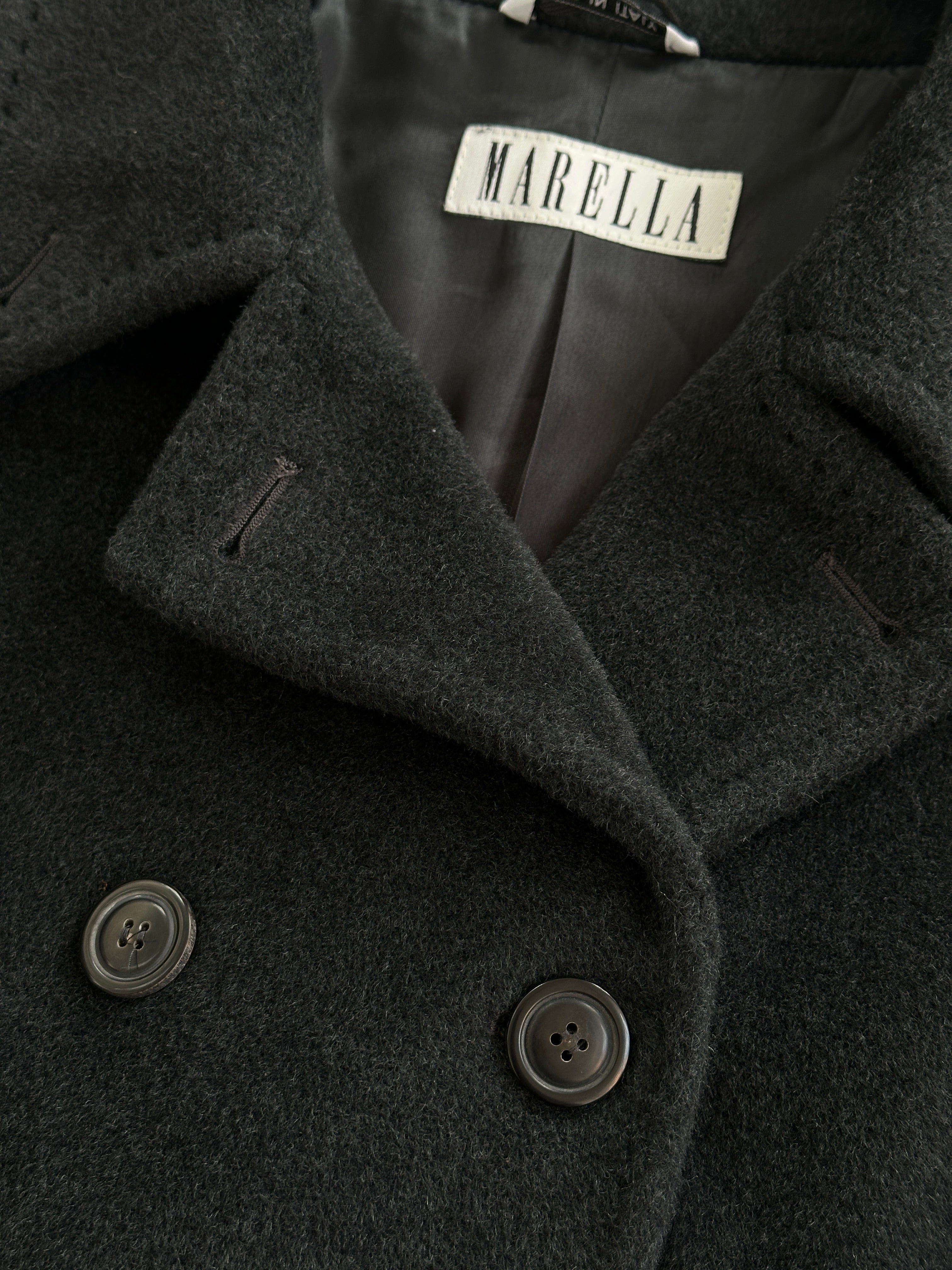 Marella wool and cashmere double-breasted coat in XL, shown hanging with a tailored fit and classic lapel design.