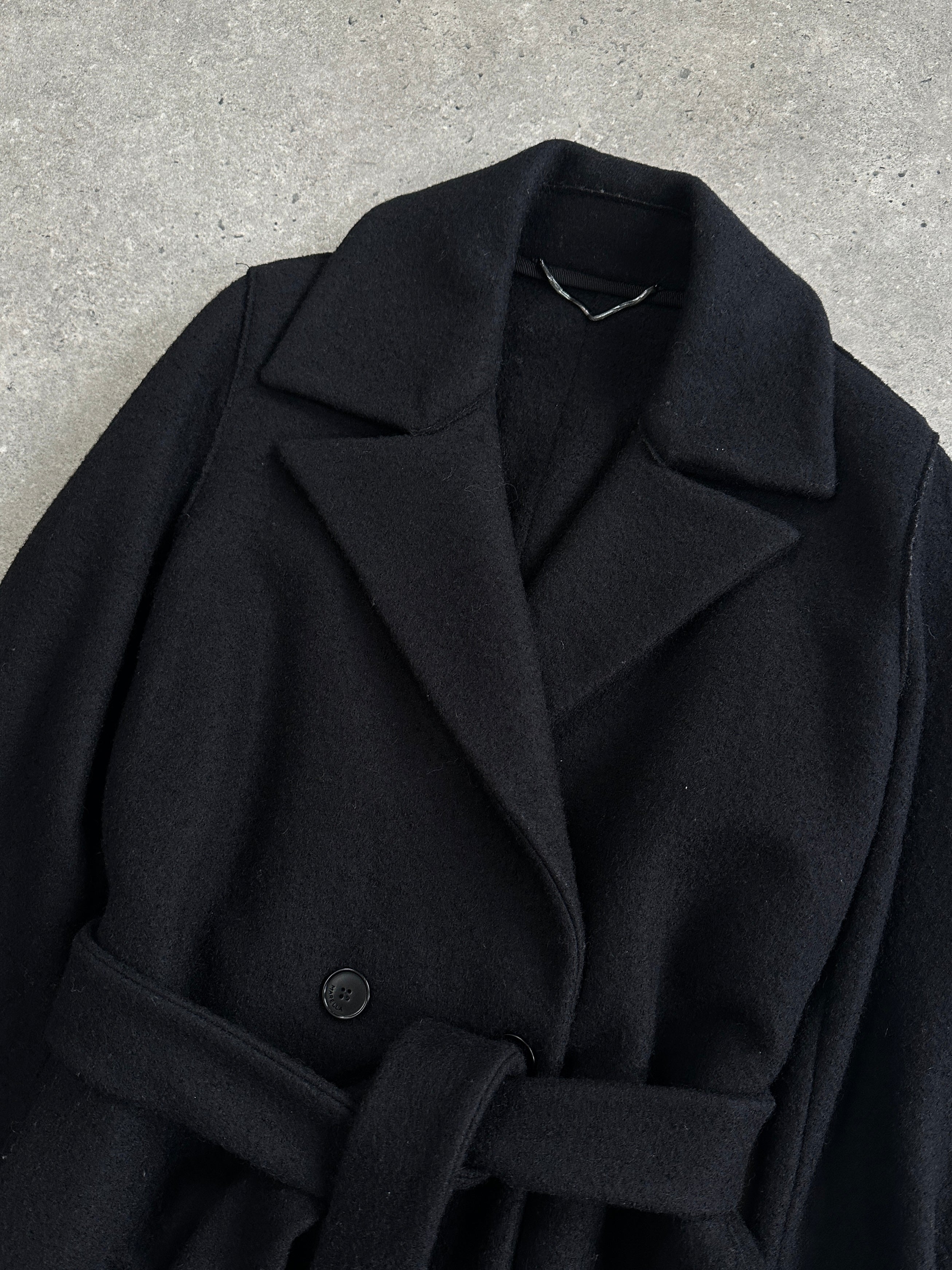 Marella Pure Virgin Wool double-faced belted coat in size S, showcasing its structured design and classic lapel collar.