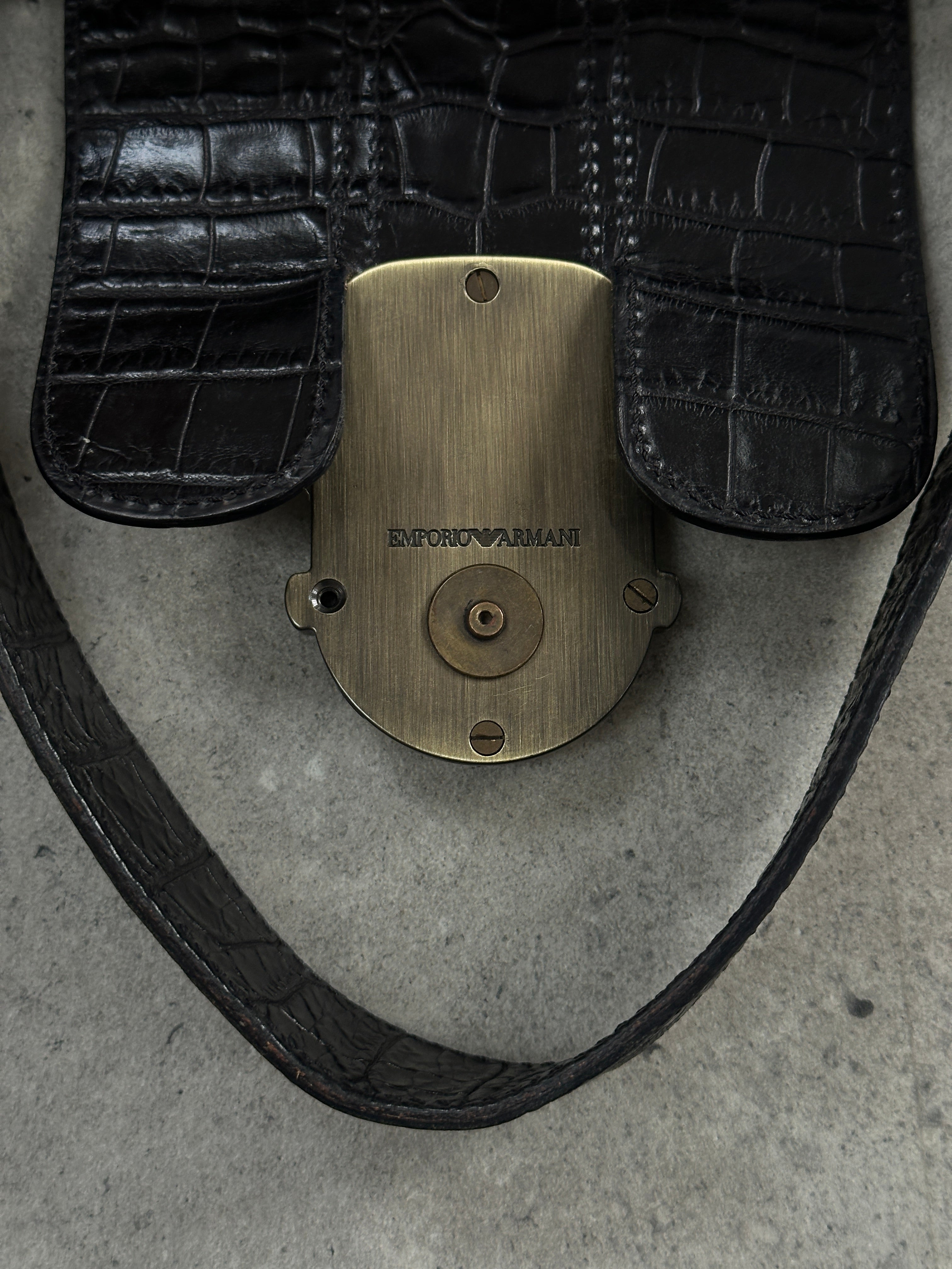 Emporio Armani 1990s croc leather shoulder bag with hardware details, showcasing a sleek, structured design and textured finish.