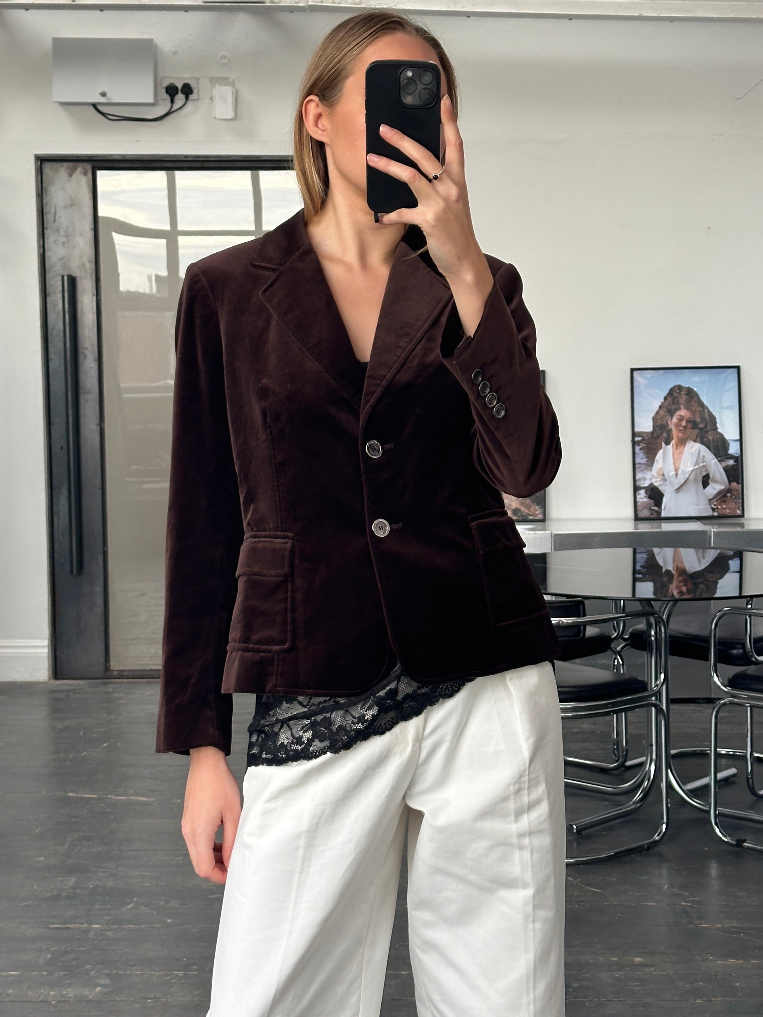 Burberry London 2000s velvet tailored blazer in size M, featuring classic design and structured fit, shown on a hanger.
