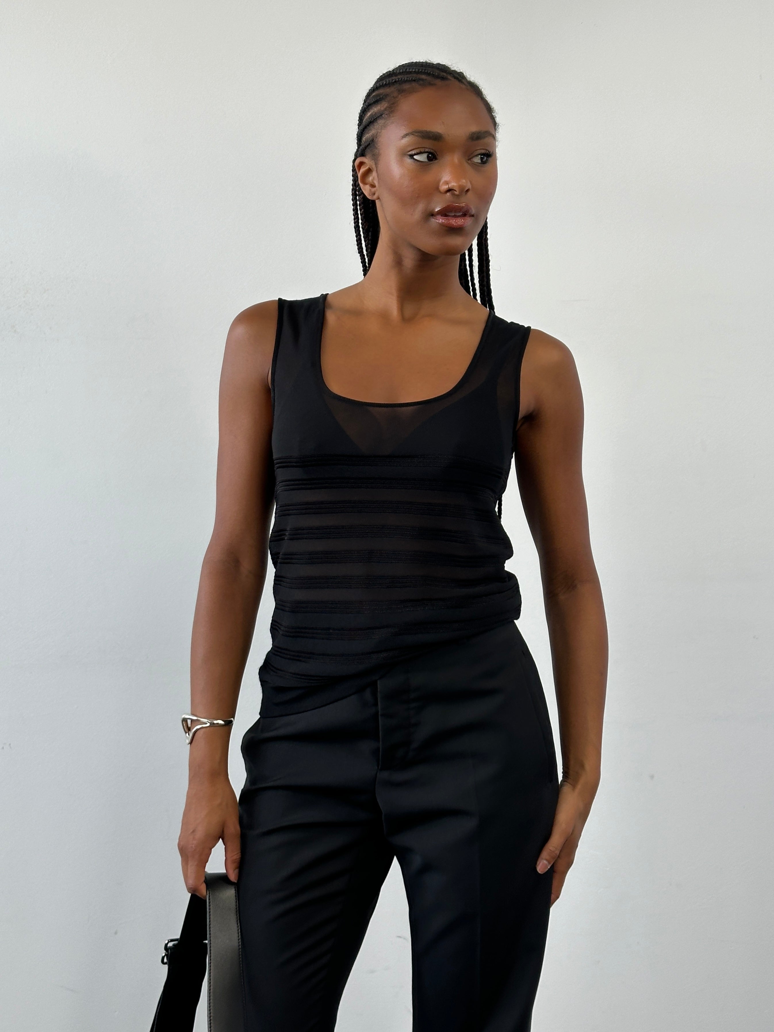 Giorgio Armani 2000s sheer ribbed vest top in black, size medium, close-up of lightweight, fitted fabric with ribbed texture.